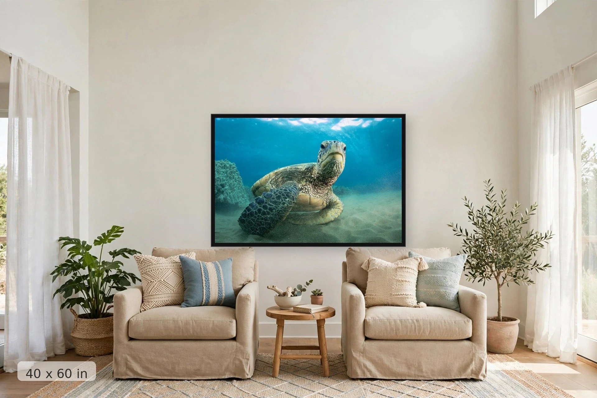 a curious sea turtle hangs out near the camera at the sea floor — Chillin Honu print, 40x60 large mockup in a living room