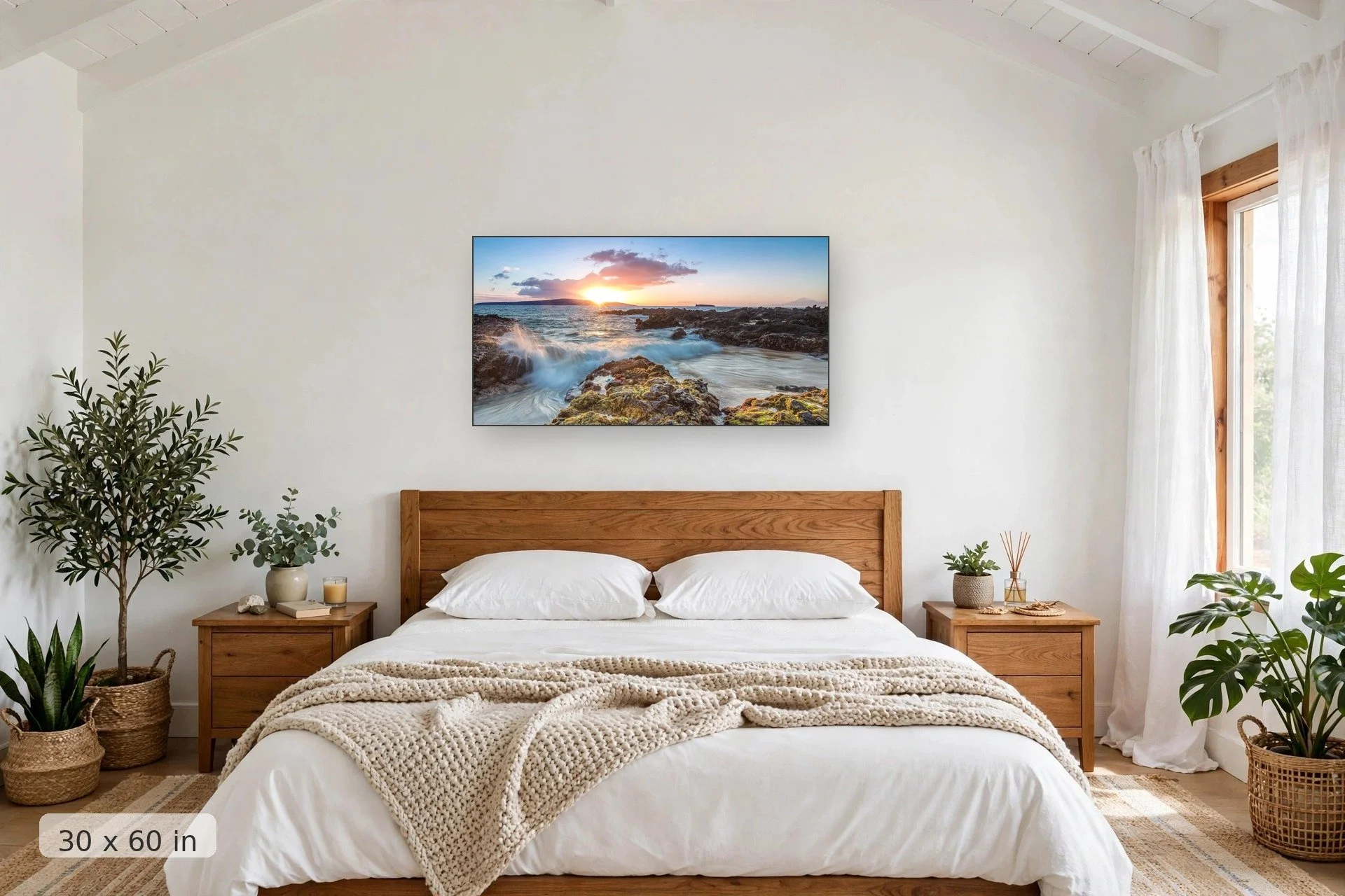 sunset over tidepools — Secrets Sunset print, 40x60 mockup above a bedroom headboard