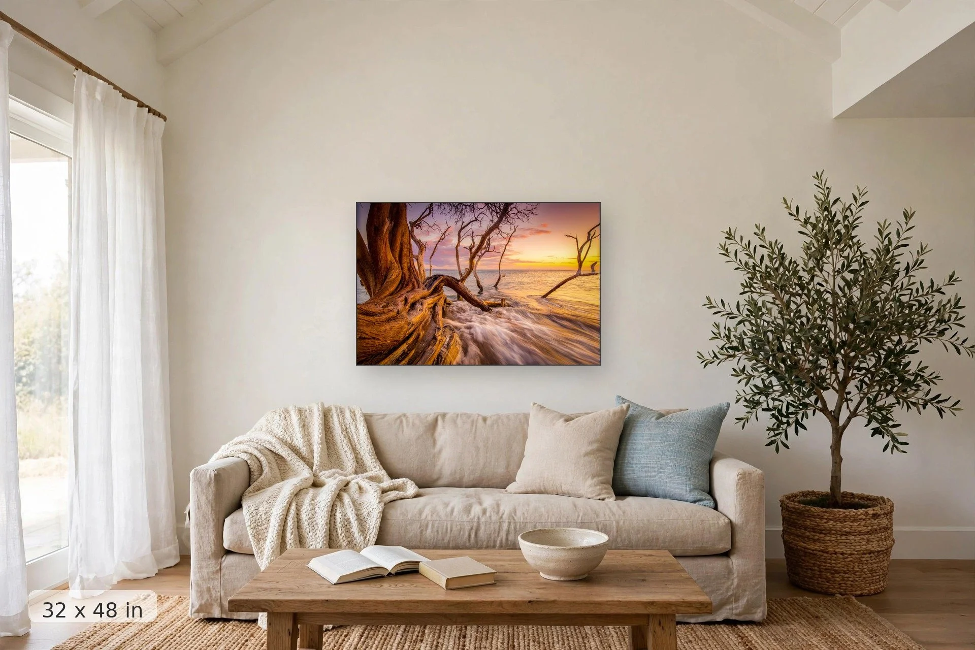 kiawe tree branches dipping into the surf at Olowalu at sunset — Bending Branches print, 32x48 mockup above a living room sofa