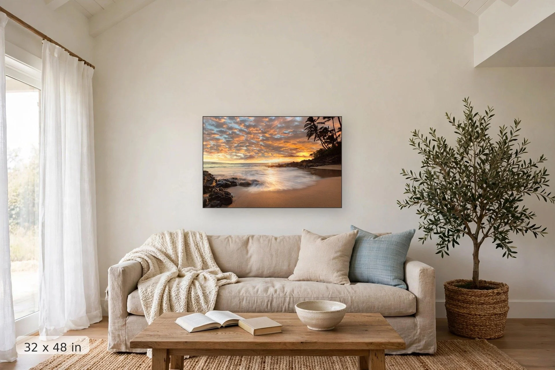 colorful clouds reflect sunset over the beach at poolenalena cove in hawaii — Po'olenalena Cove print, 32x48 mockup above a living room sofa