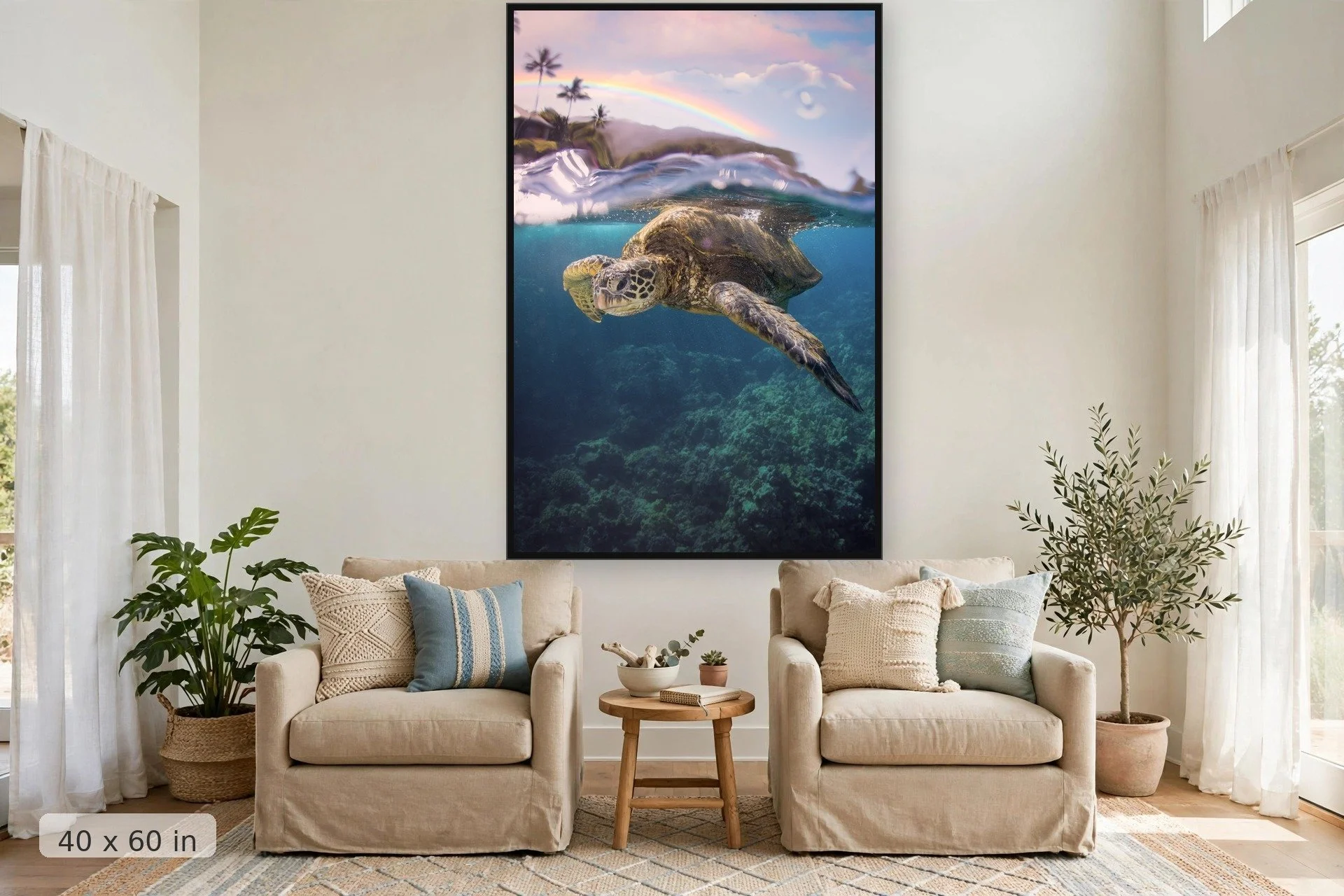 Hawaiian Trifecta: Sea Turtle in Ocean — Hawaiian Trifecta: Turtle & Rainbow Maui Photo print, 40x60 large mockup in a living room