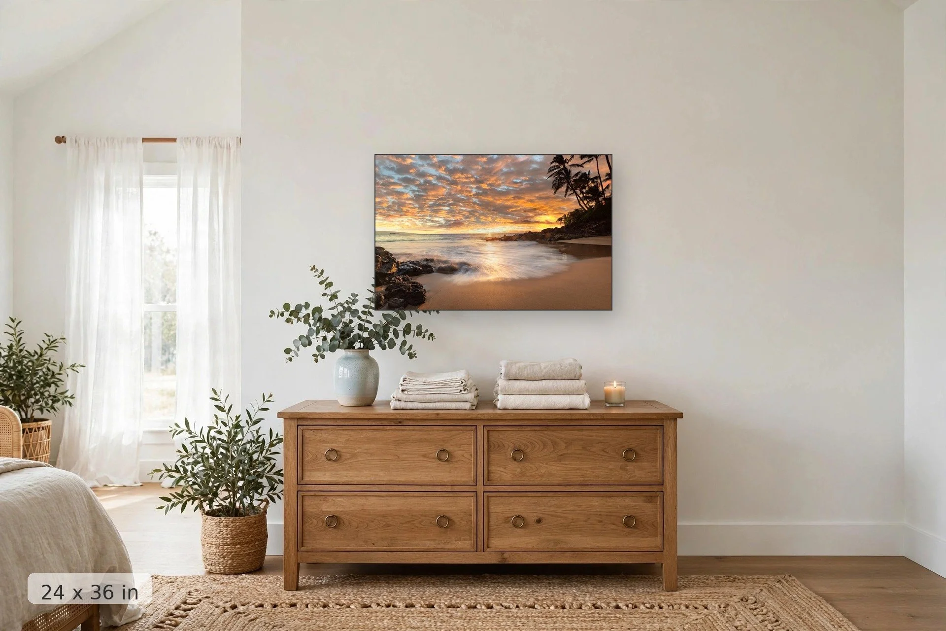 colorful clouds reflect sunset over the beach at poolenalena cove in hawaii — Po'olenalena Cove print, 24x36 mockup above a dresser