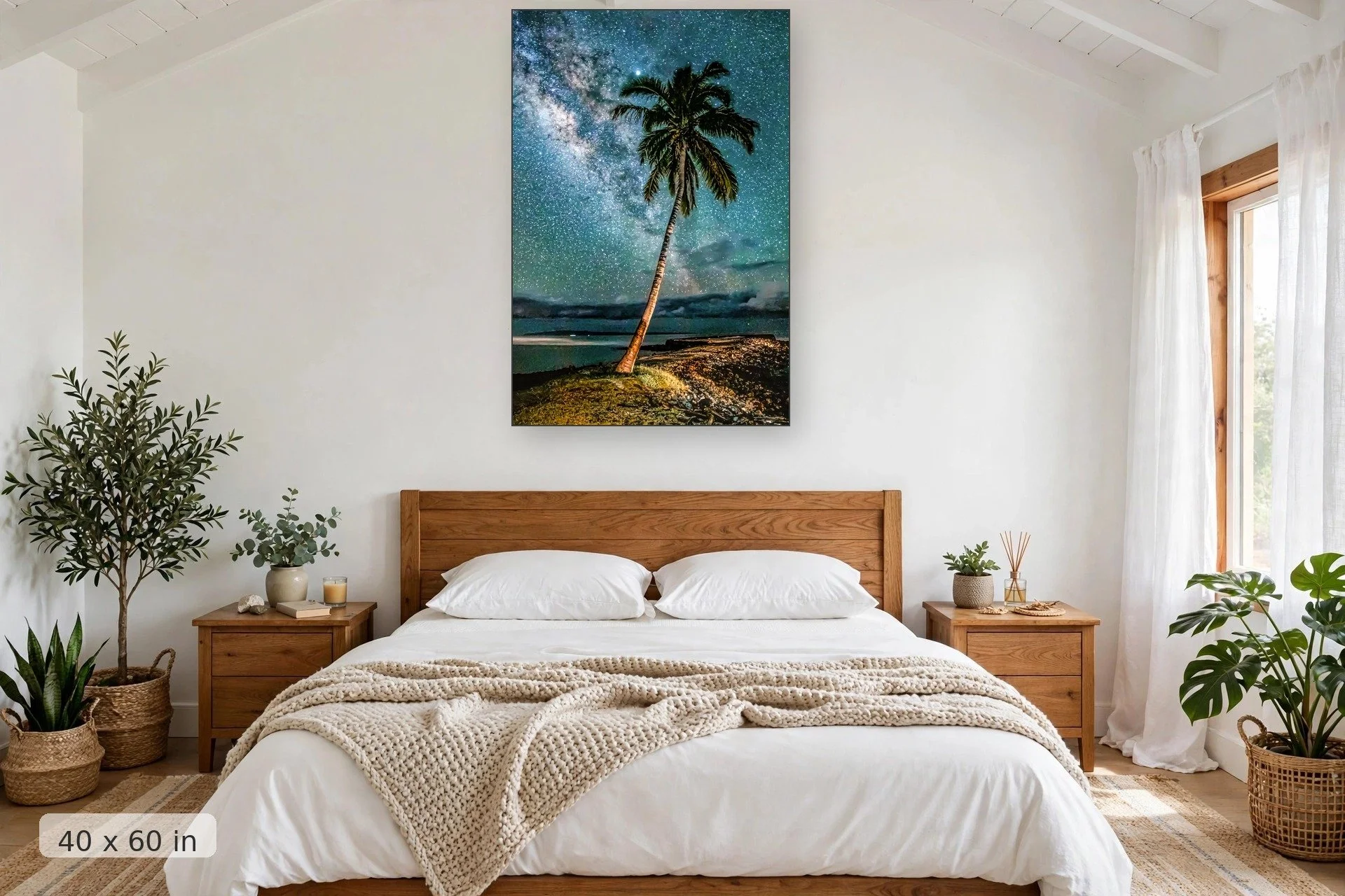 Milky Way over Olowalu, Maui — Olowalu Milky Way print, 40x60 mockup above a bedroom headboard