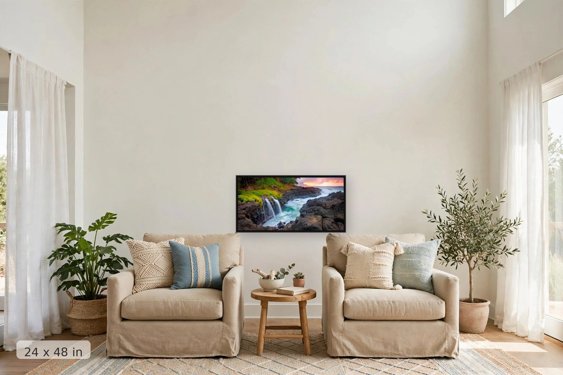 waterfalls pour into swirling waters at queens bath in kauai with pink sunset in background — Queens Bath print, 40x60 large mockup in a living room