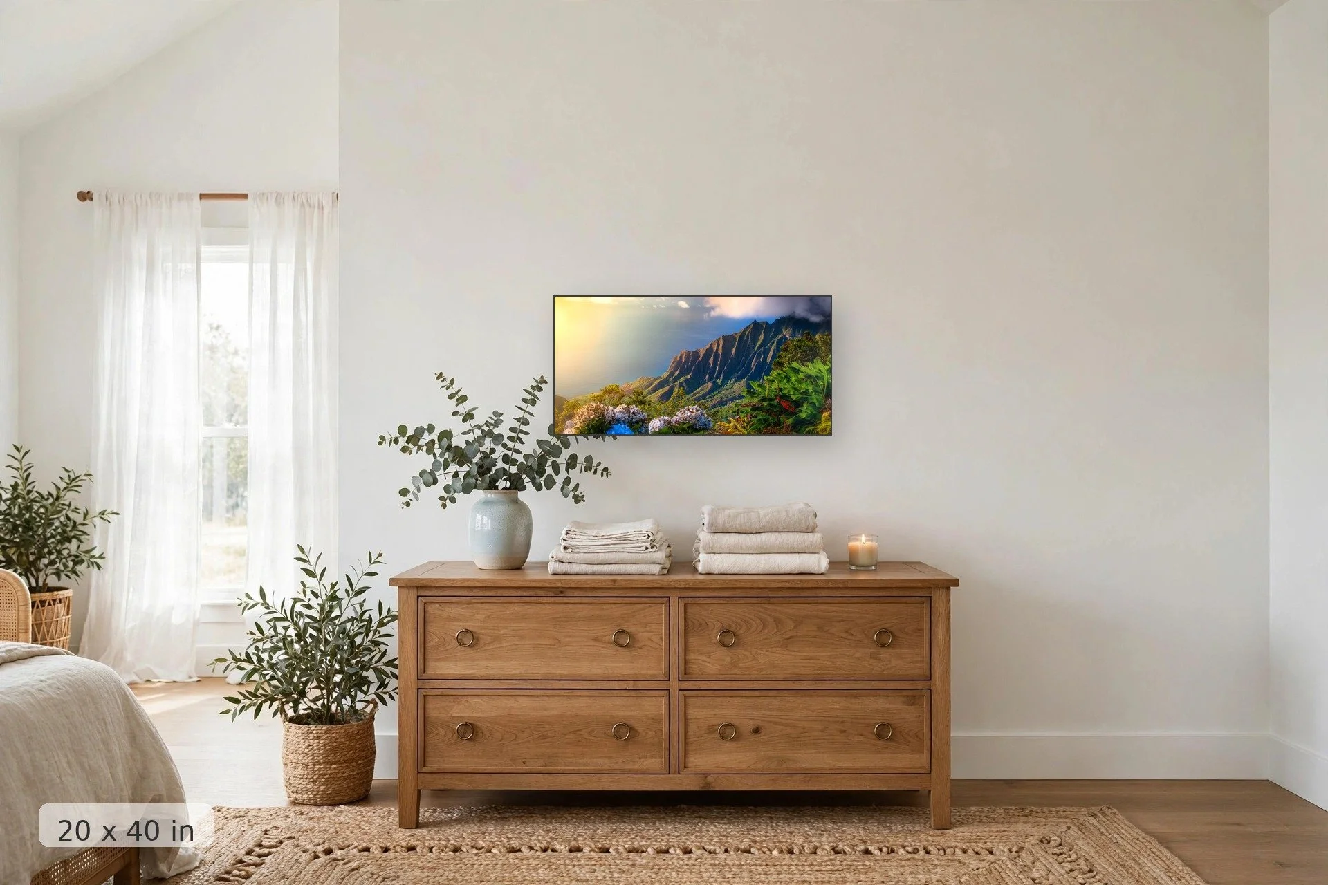 Hydrangea flowers in Kalalau, Kauai — Kalalau Hydrangeas print, 24x36 mockup above a dresser