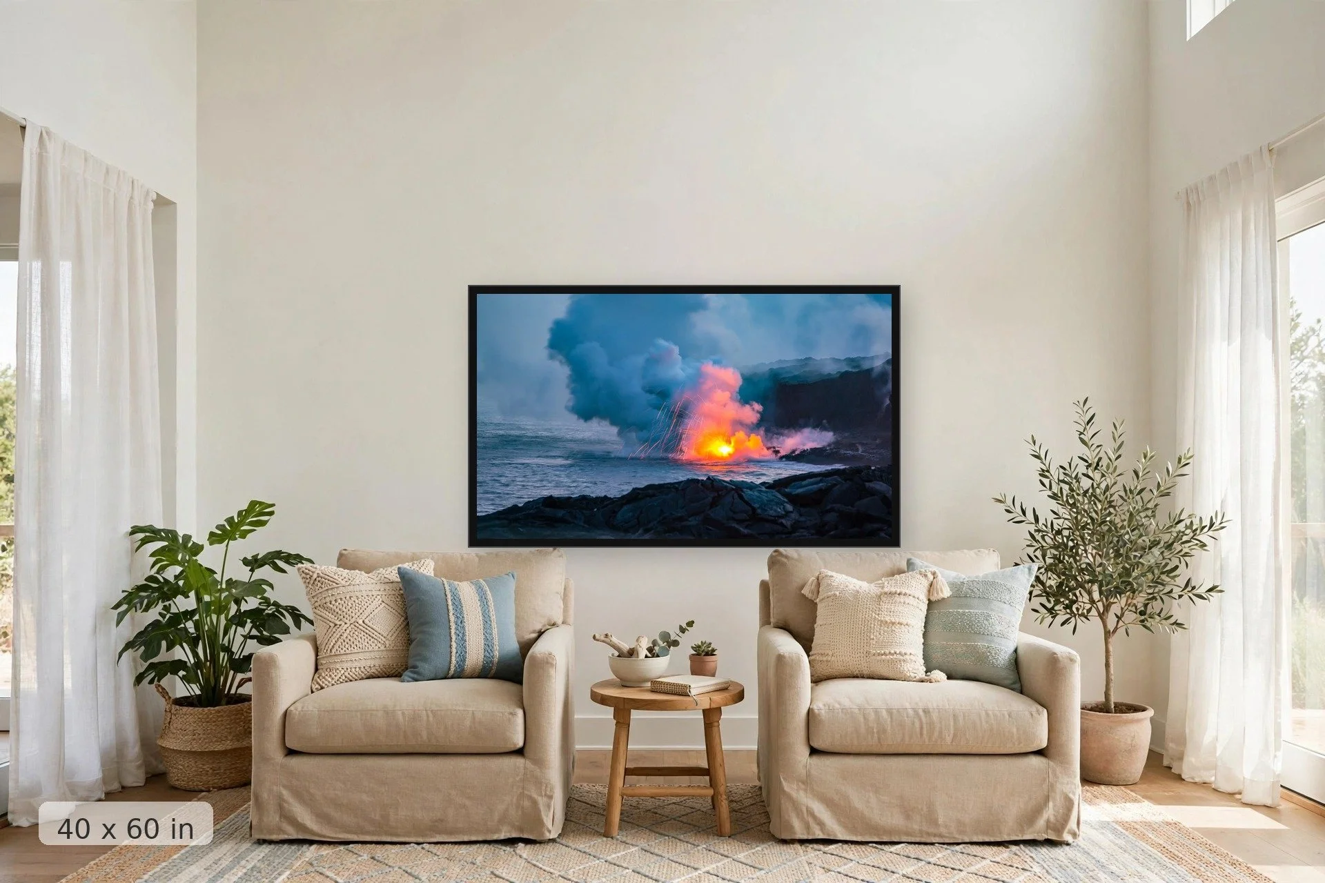 lava pours into the ocean creating an explosion of light when touching the water — Lava Explosion print, 40x60 large mockup in a living room