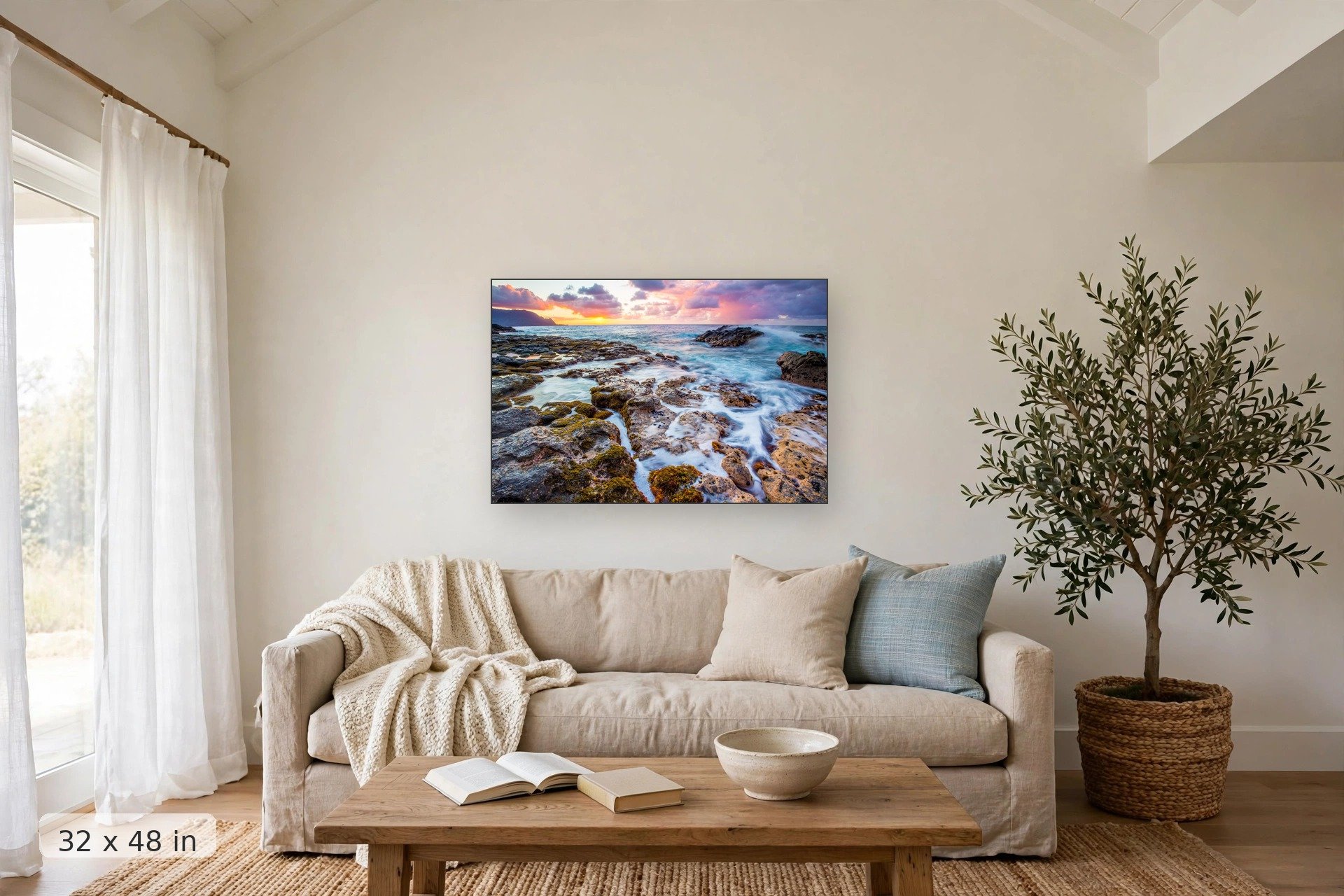 sunset along the south shore of maui with textural and colorful tide pools in the foreground — Tidal Sunset print, 32x48 mockup above a living room sofa