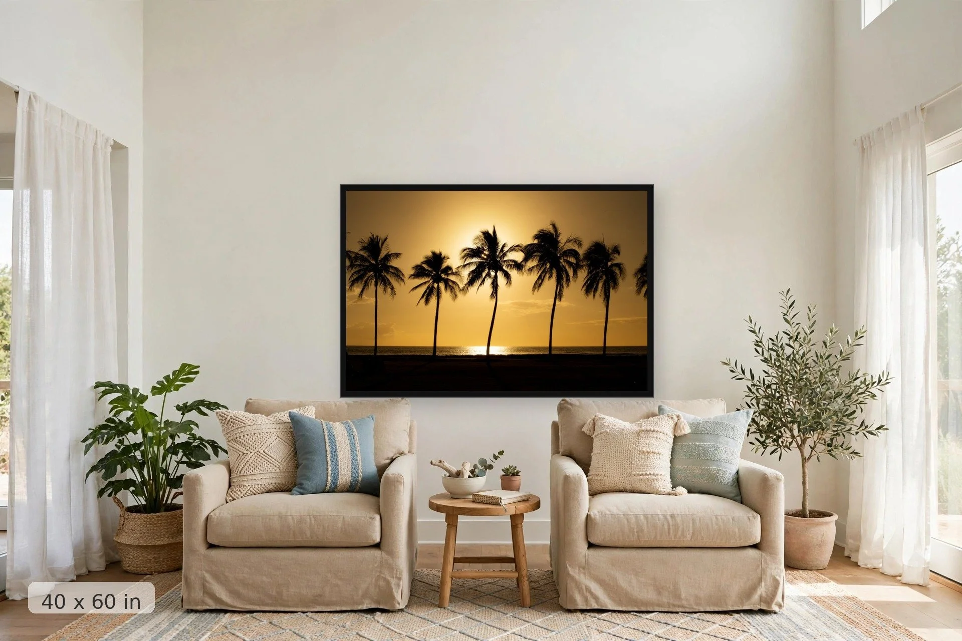 Minimalist ocean seascape — Simplicity print, 40x60 large mockup in a living room