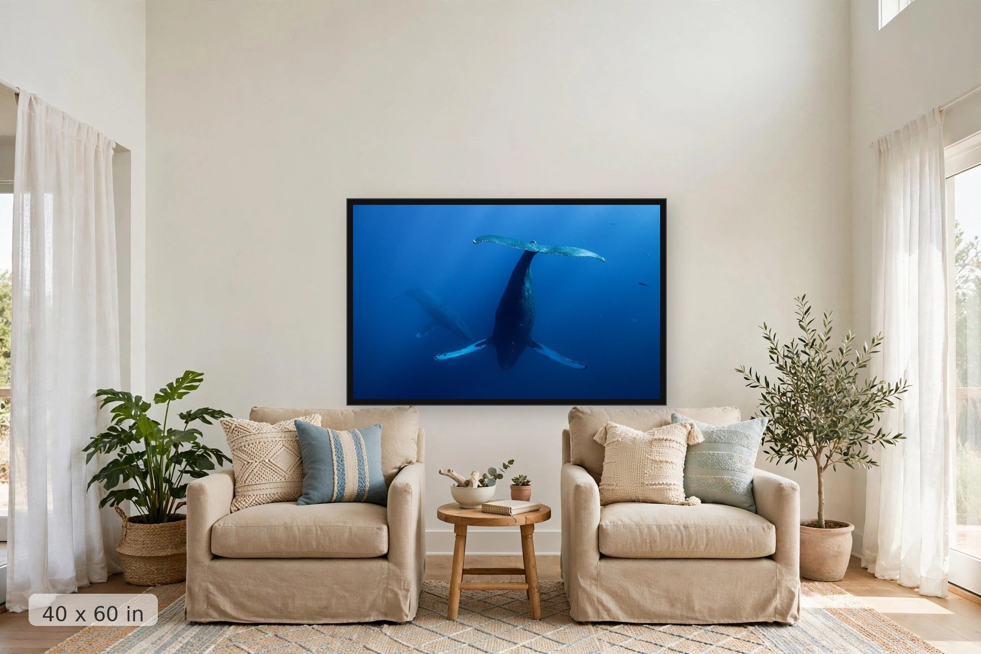 two humpback whales face to face underwater — Fluke at Depth print, 40x60 large mockup in a living room