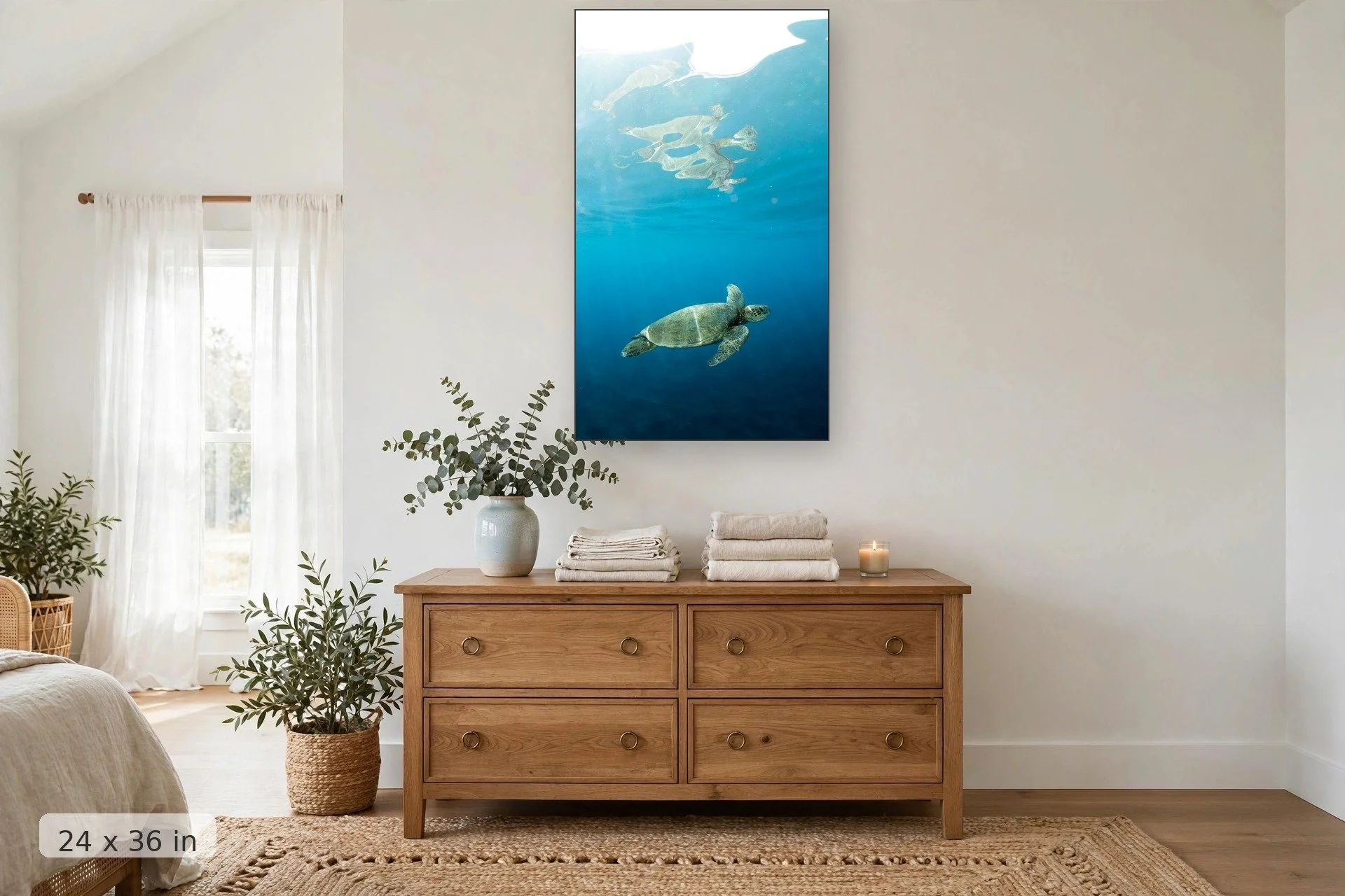 The reflection of a Green Hawaiian Sea Turtle grows larger at it swims closer to the surface — Blue Honu Reflection print, 24x36 mockup above a dresser