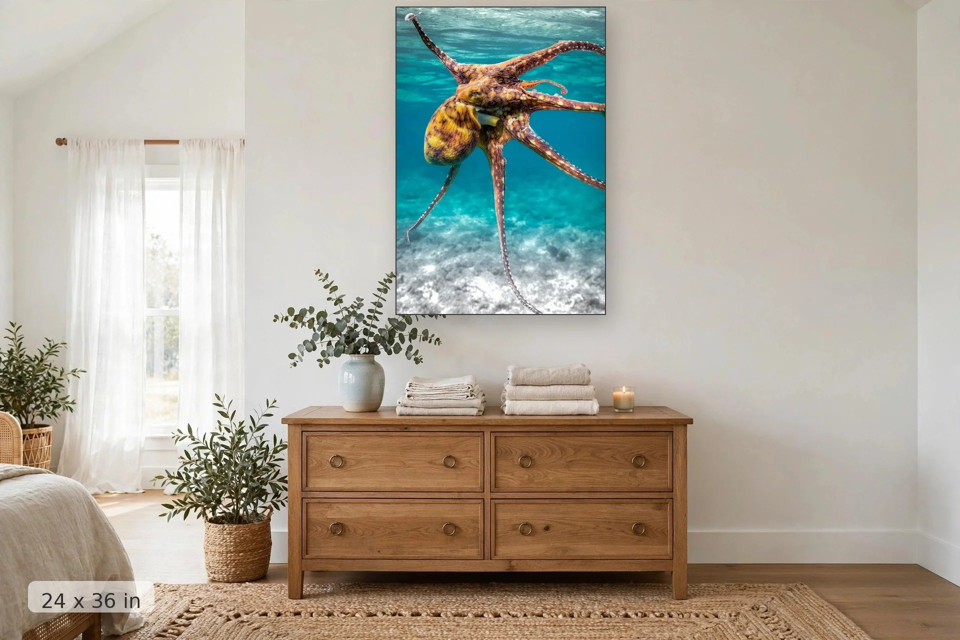 Day octopus at Honolua Bay — Honolua Tako print, 24x36 mockup above a dresser