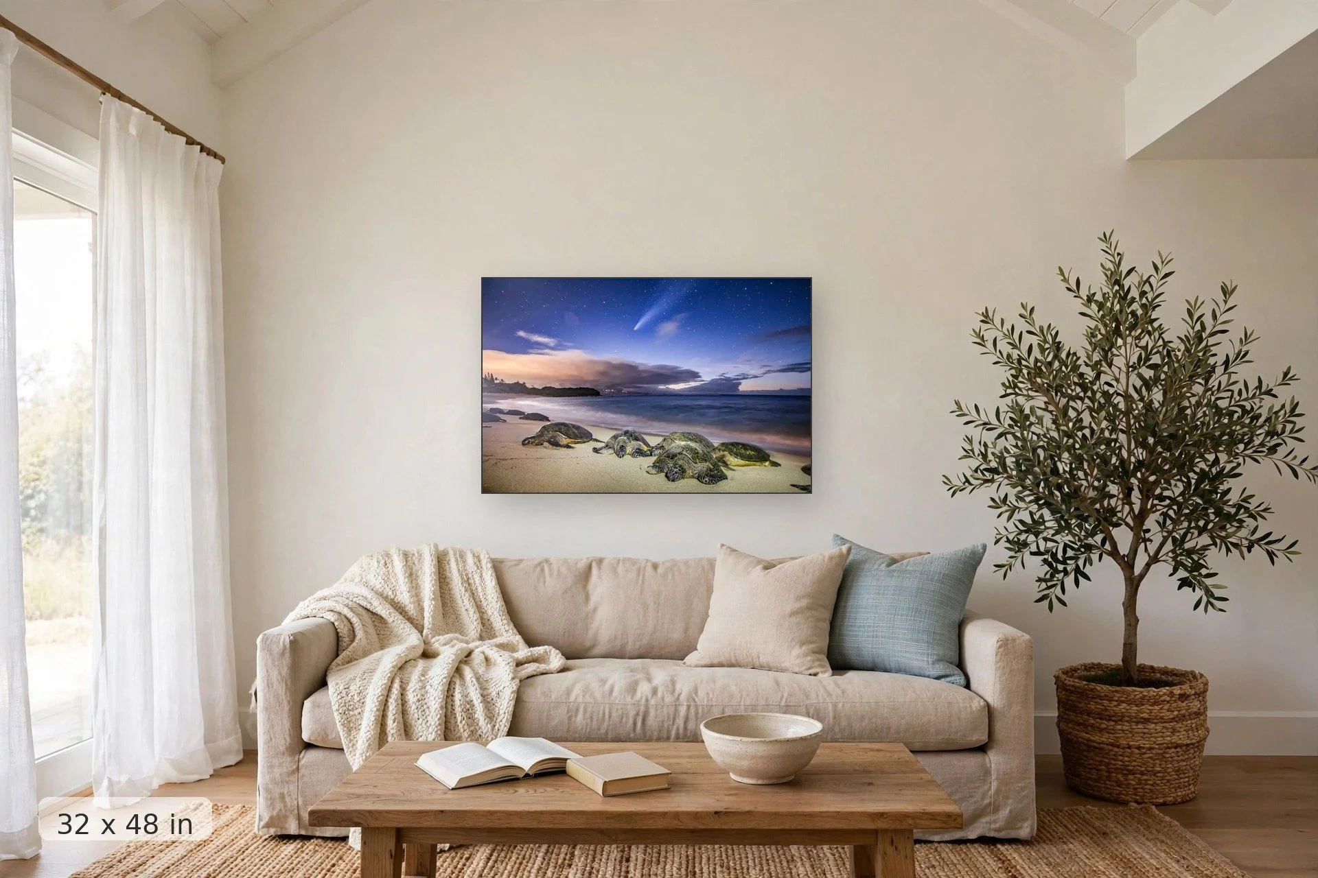 turtles sleep on the beach with the neowise comet traveling overhead — Neowise Honu print, 32x48 mockup above a living room sofa