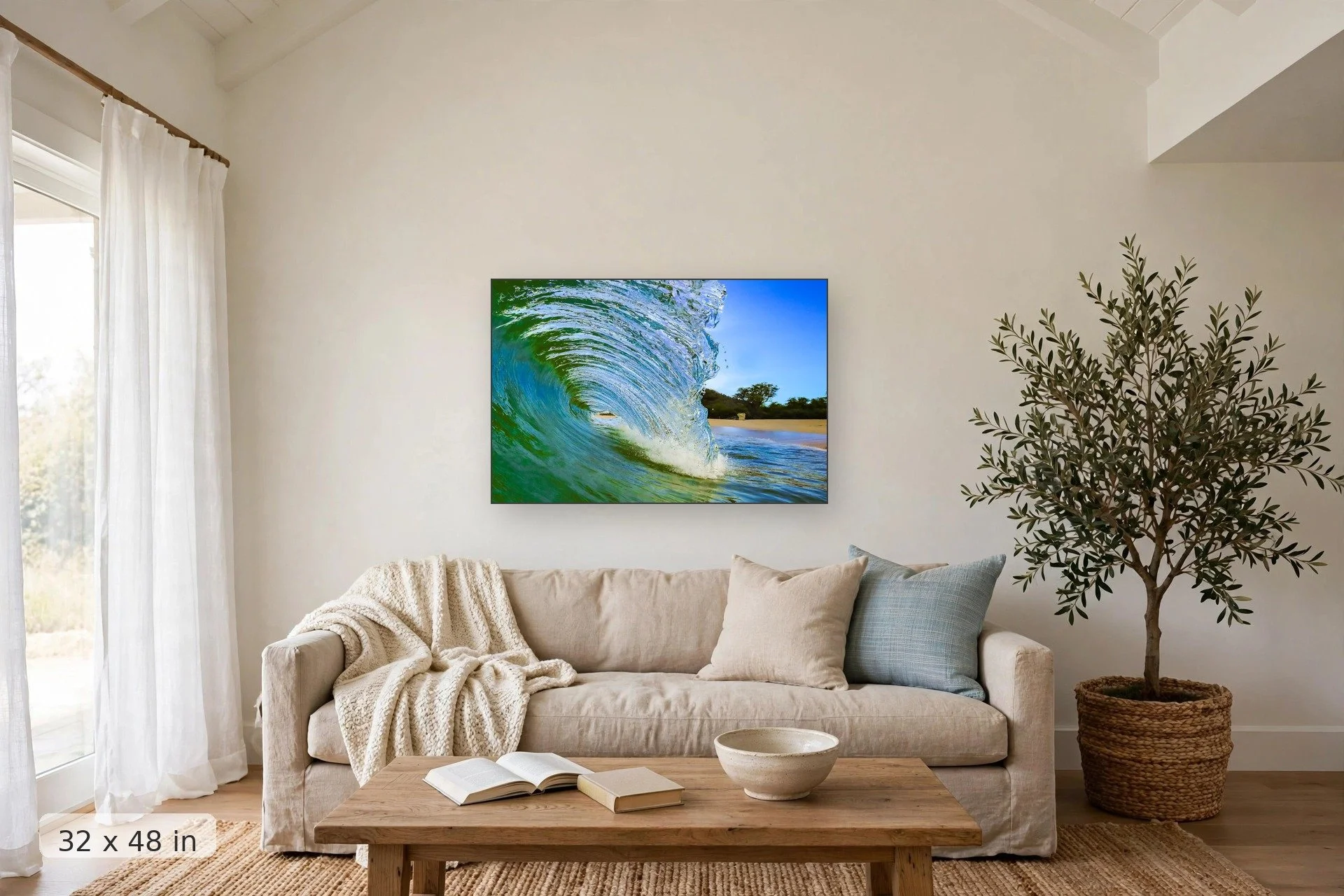 Translucent glassy wave barrel — Glass Barrel print, 32x48 mockup above a living room sofa
