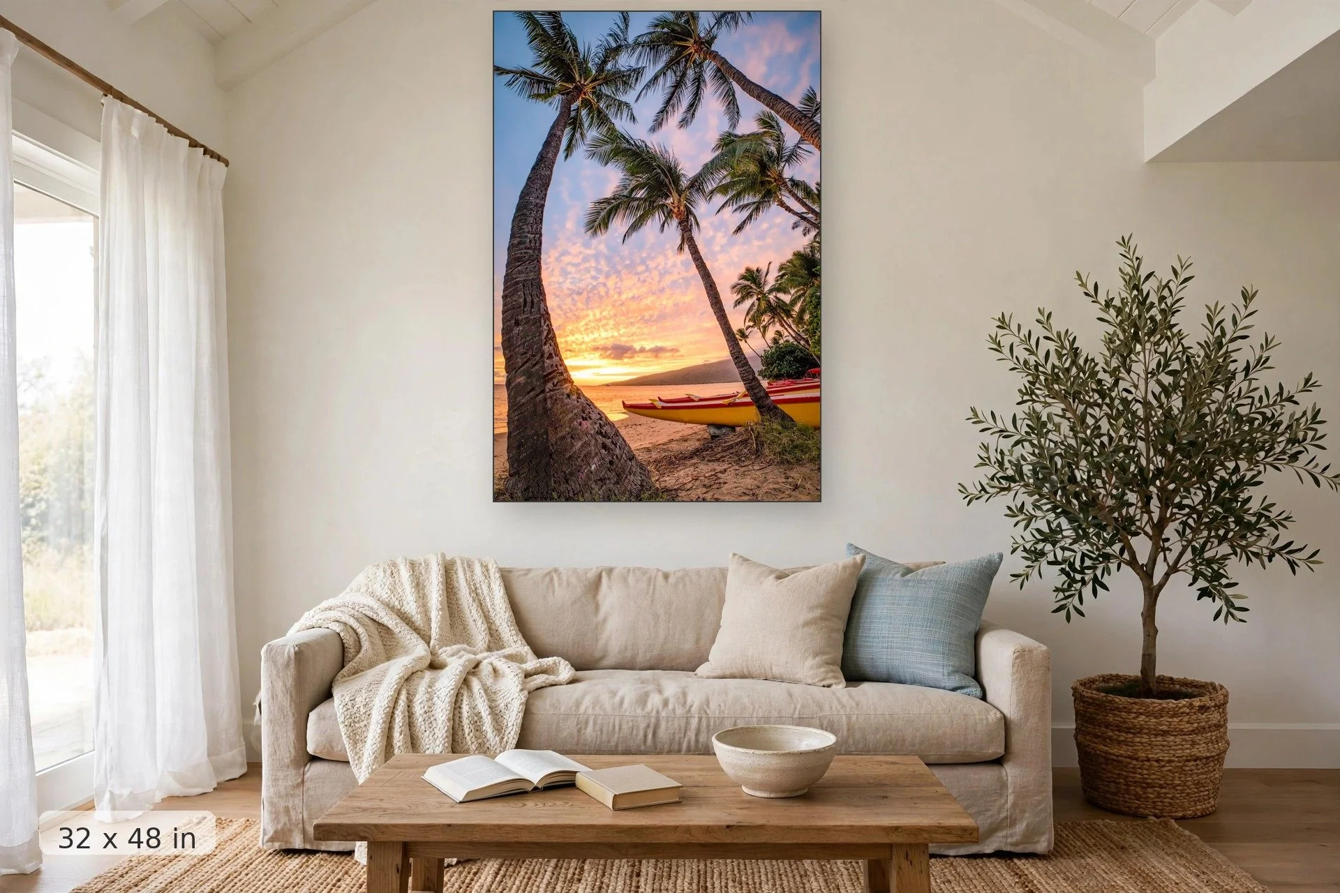palm trees and sunset with outrigger canoe — Hawaiian Tradition print, 32x48 mockup above a living room sofa