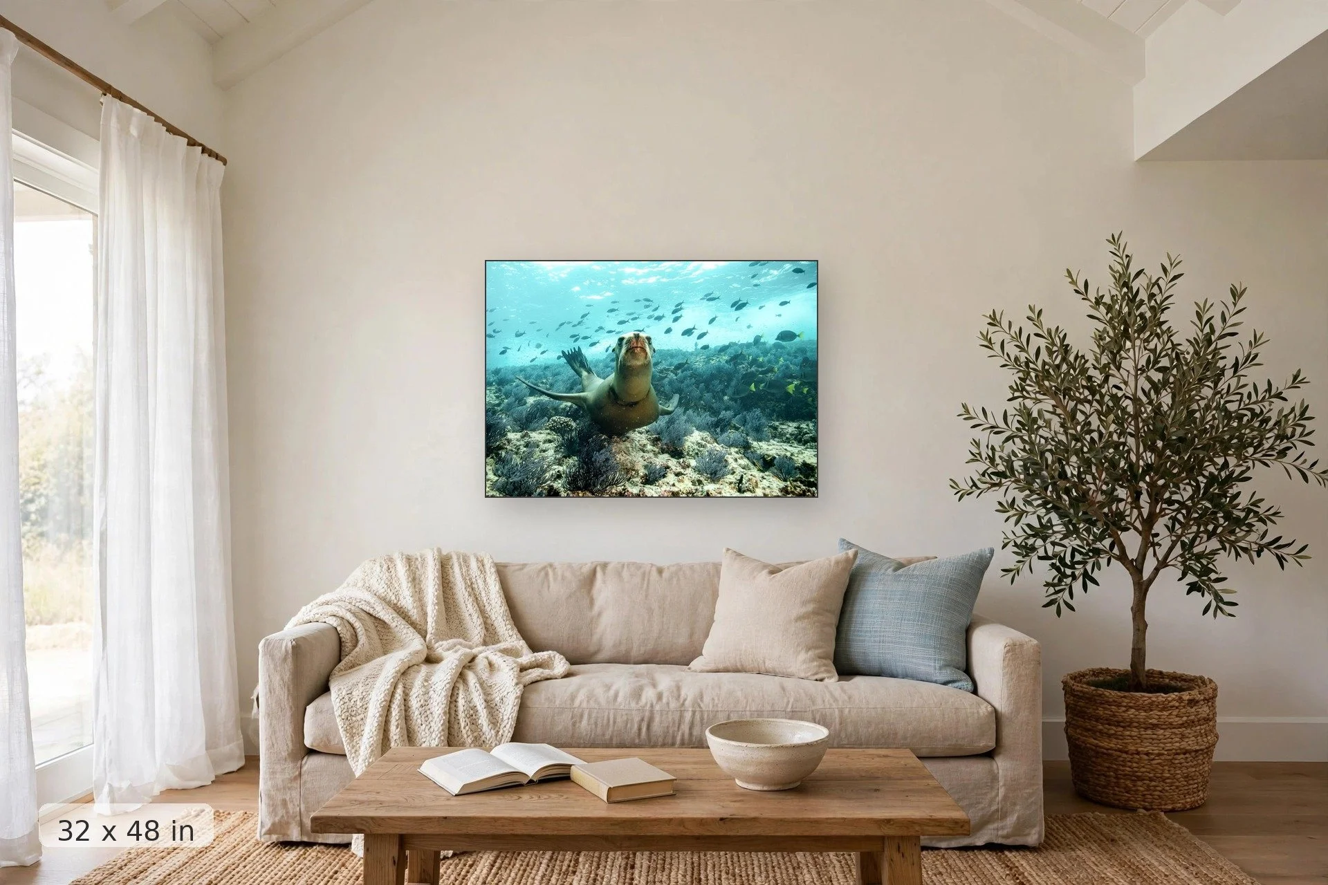 Sea lion dancing underwater — Dancing Sea Lion print, 32x48 mockup above a living room sofa