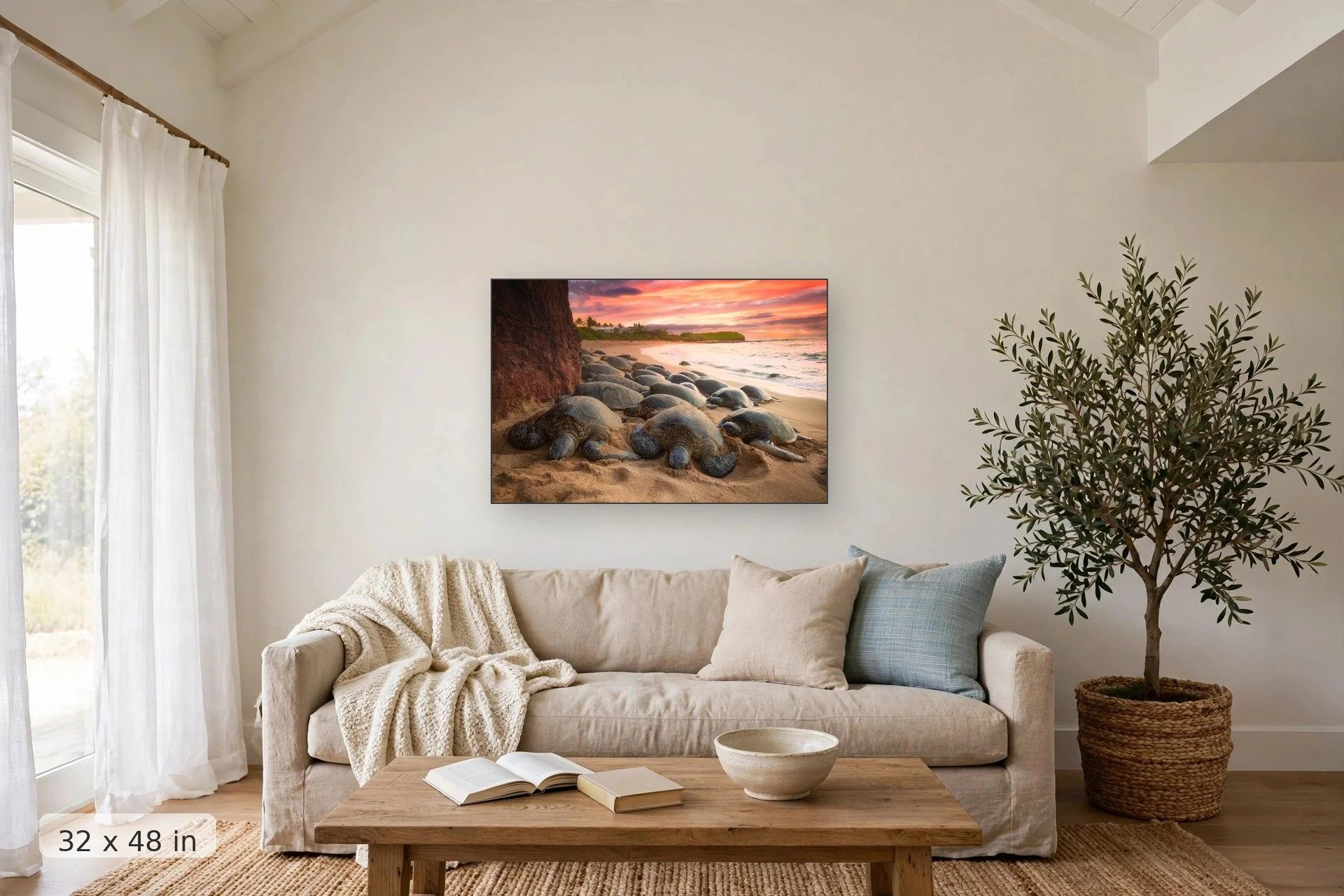 Turtles sleeping on beach with sunset in background — Tavares Turtles print, 32x48 mockup above a living room sofa