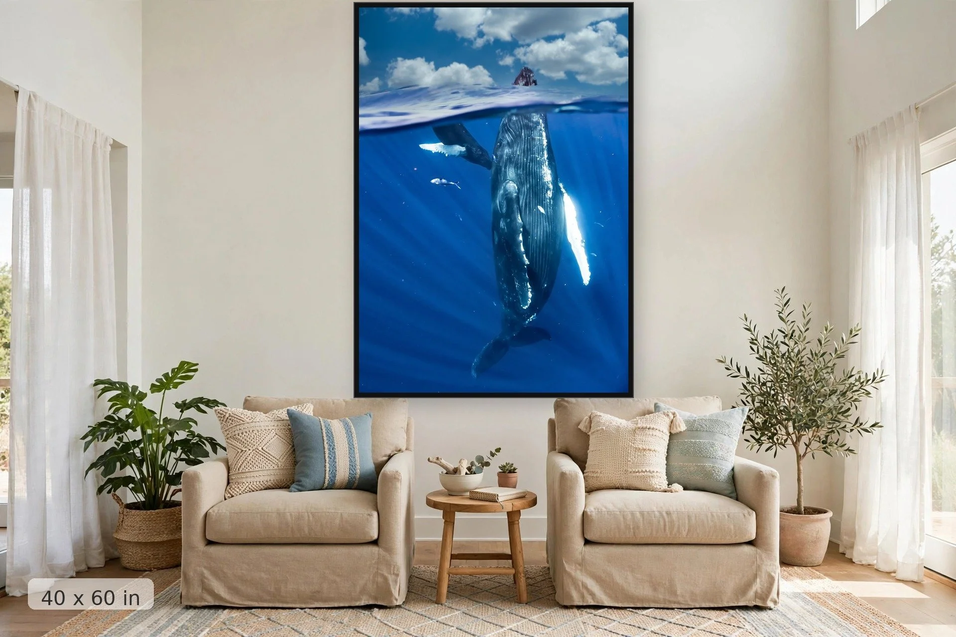 humpback whale mom spyhopping with baby — Mama Spyhop print, 40x60 large mockup in a living room