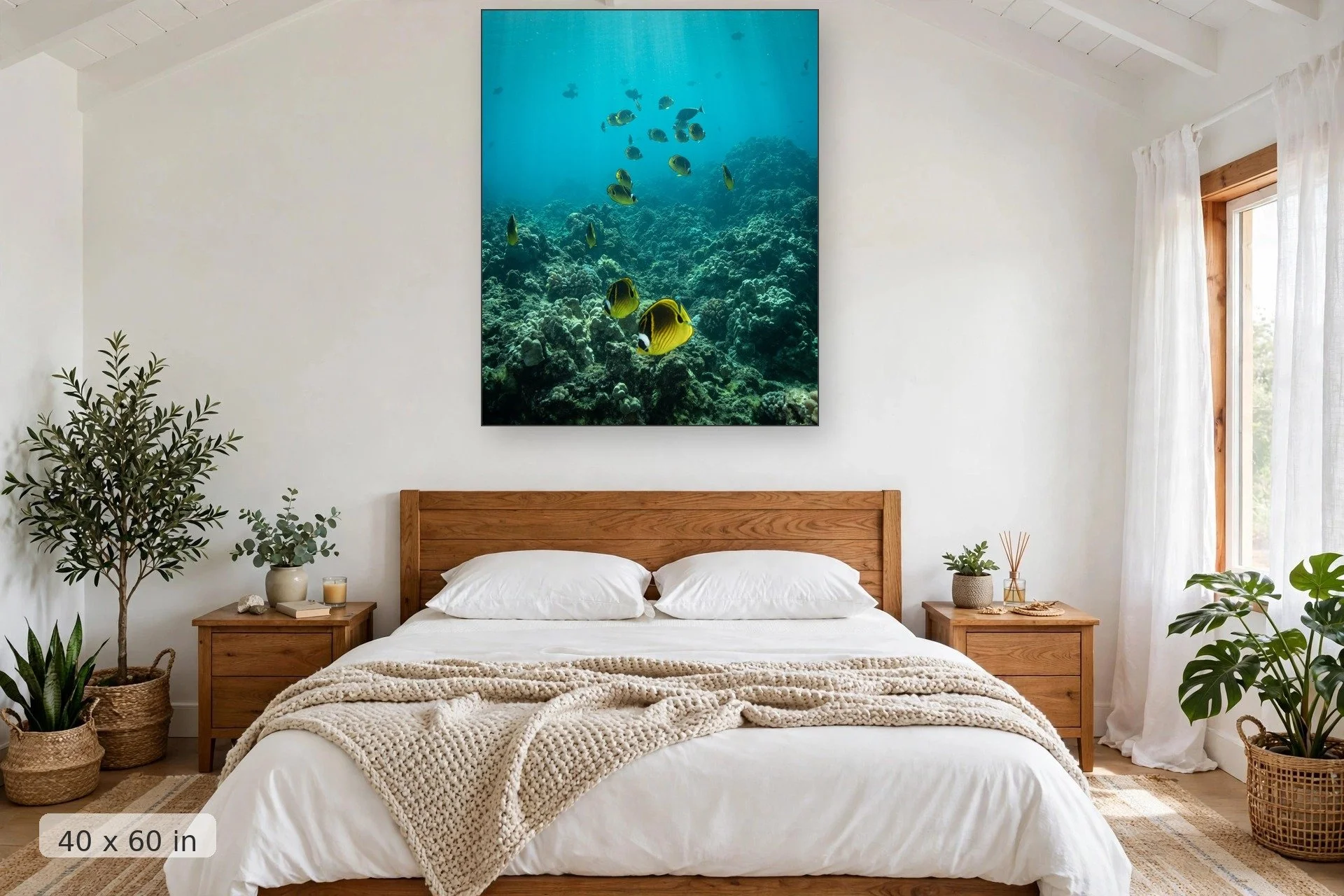 Raccoon butterflyfish feeding on coral — Raccoon Butterflyfish print, 40x60 mockup above a bedroom headboard