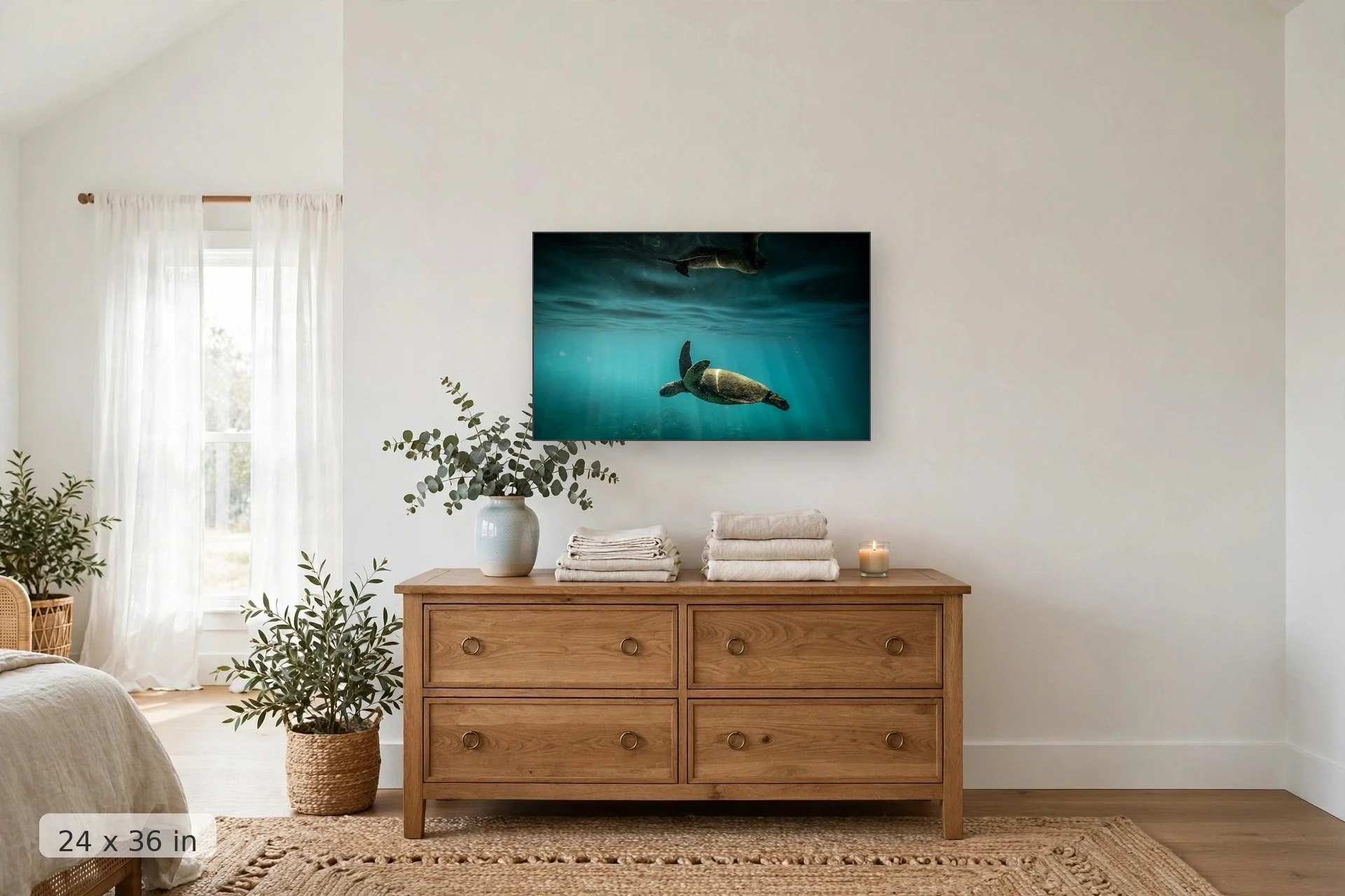 sea turtle reflection on the water surface — Dark Reflection Turtle print, 24x36 mockup above a dresser