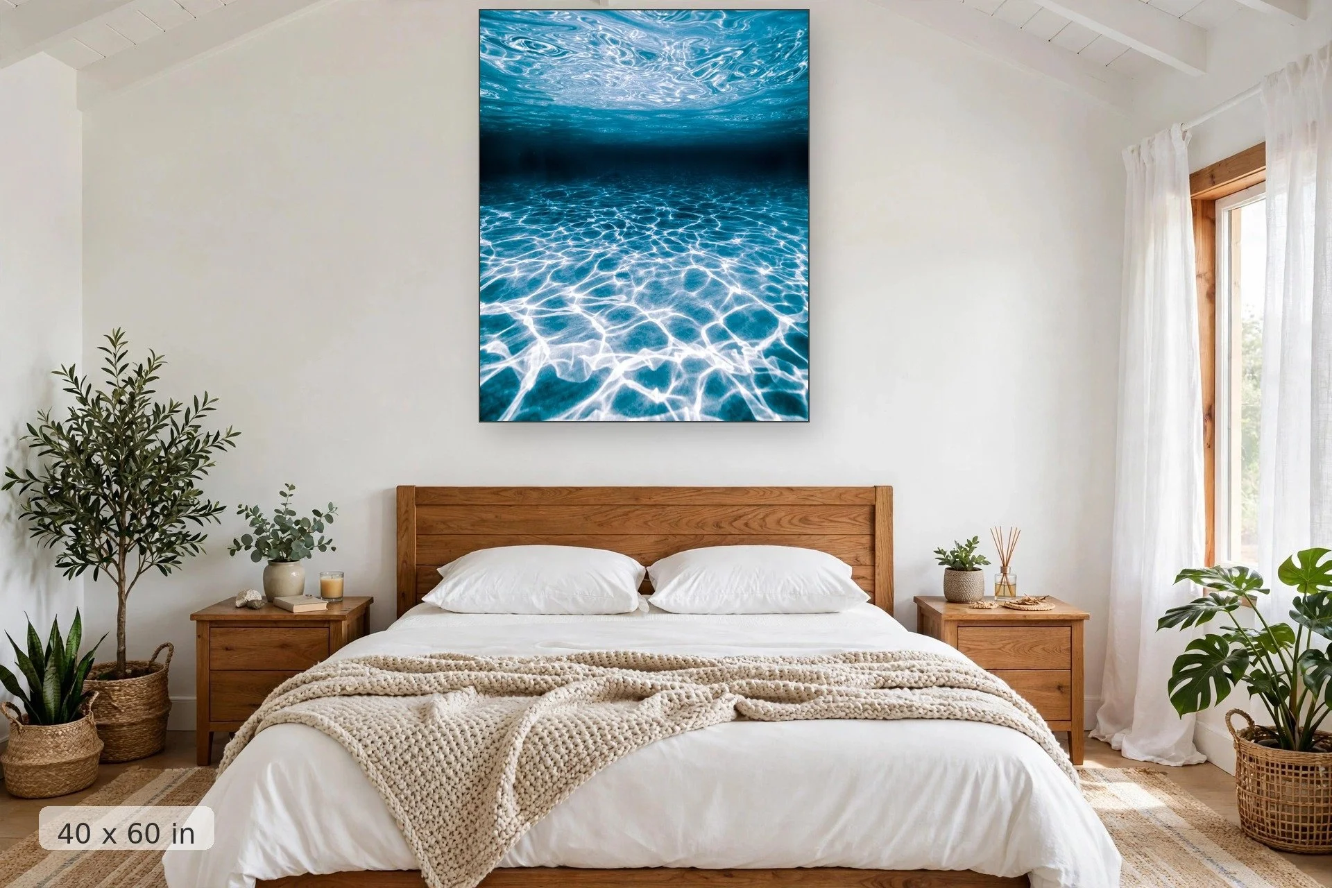 light and texture patterns on the ocean seafloor — Water Shapes print, 40x60 mockup above a bedroom headboard