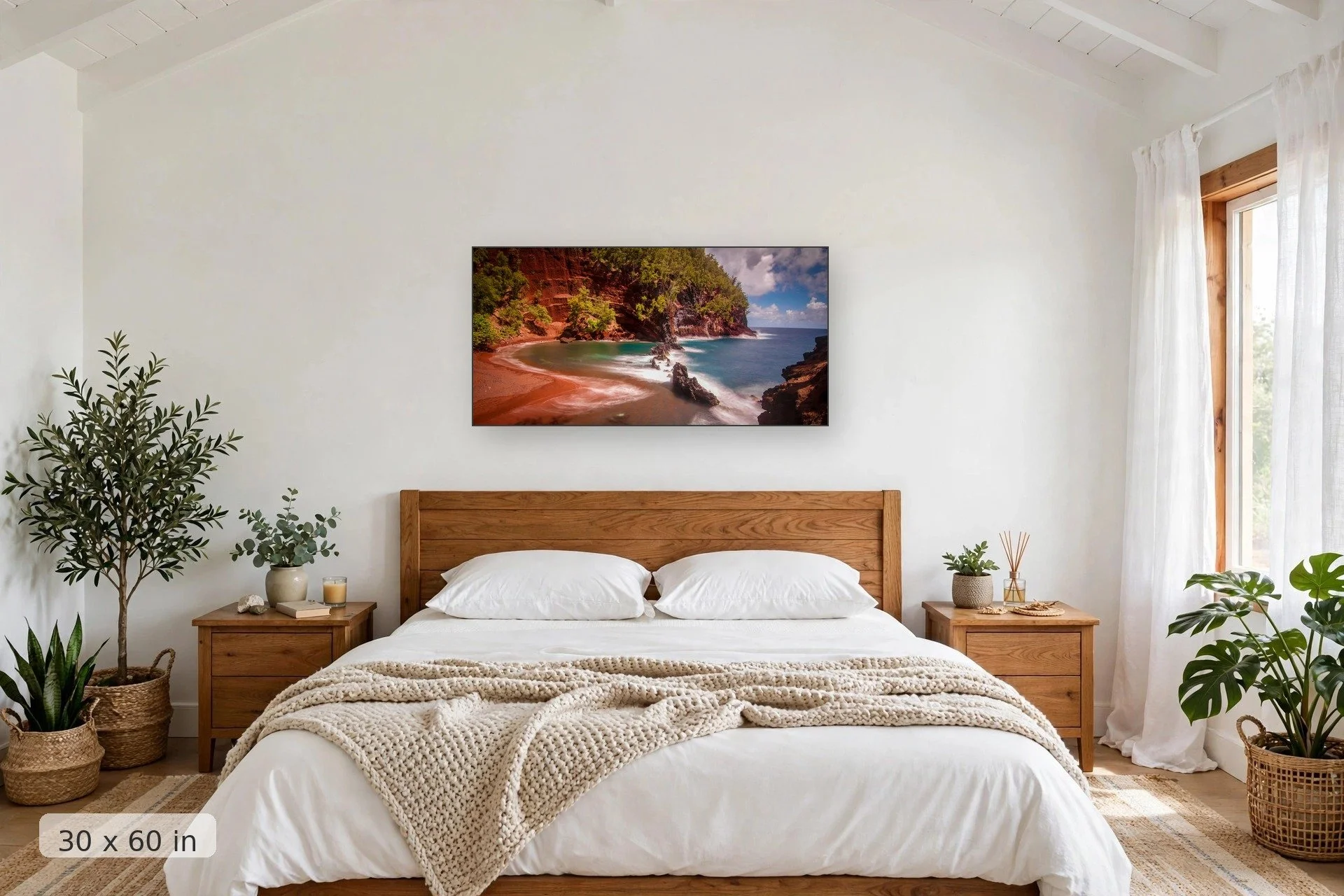 view from above maui's famous red sand beach — Red Sand Beach print, 40x60 mockup above a bedroom headboard