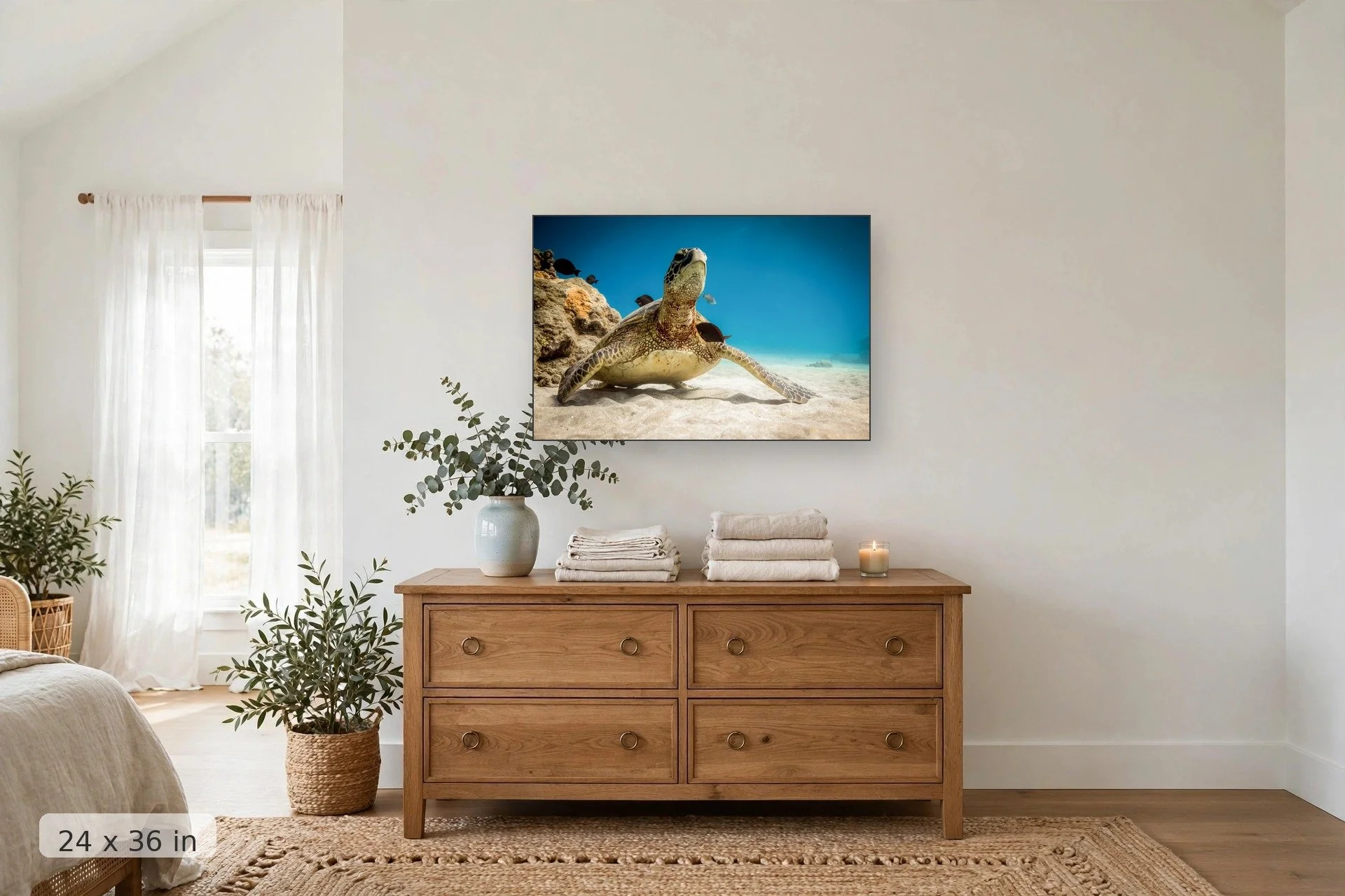 surgeon fish clean a sea turtle in an underwater cleaning station — Honu Cleanse print, 24x36 mockup above a dresser
