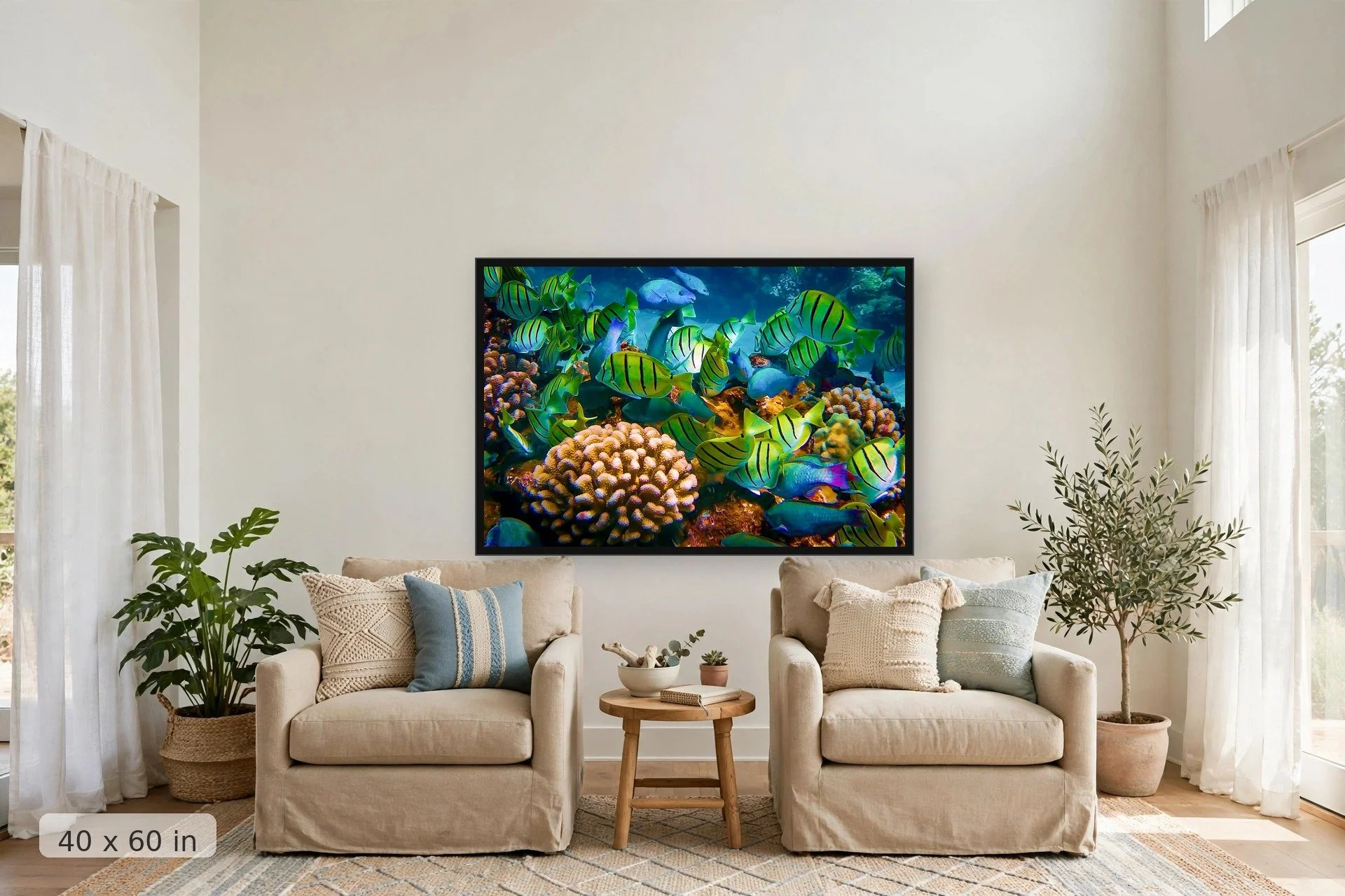 Feeding frenzy on a Hawaii reef — Feeding Frenzy print, 40x60 large mockup in a living room
