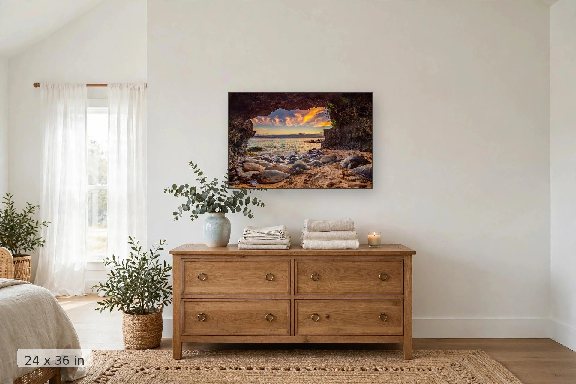 a bale of turtles sleep in a secret cave with sunset and a distant island in the background — Pao Honu print, 24x36 mockup above a dresser