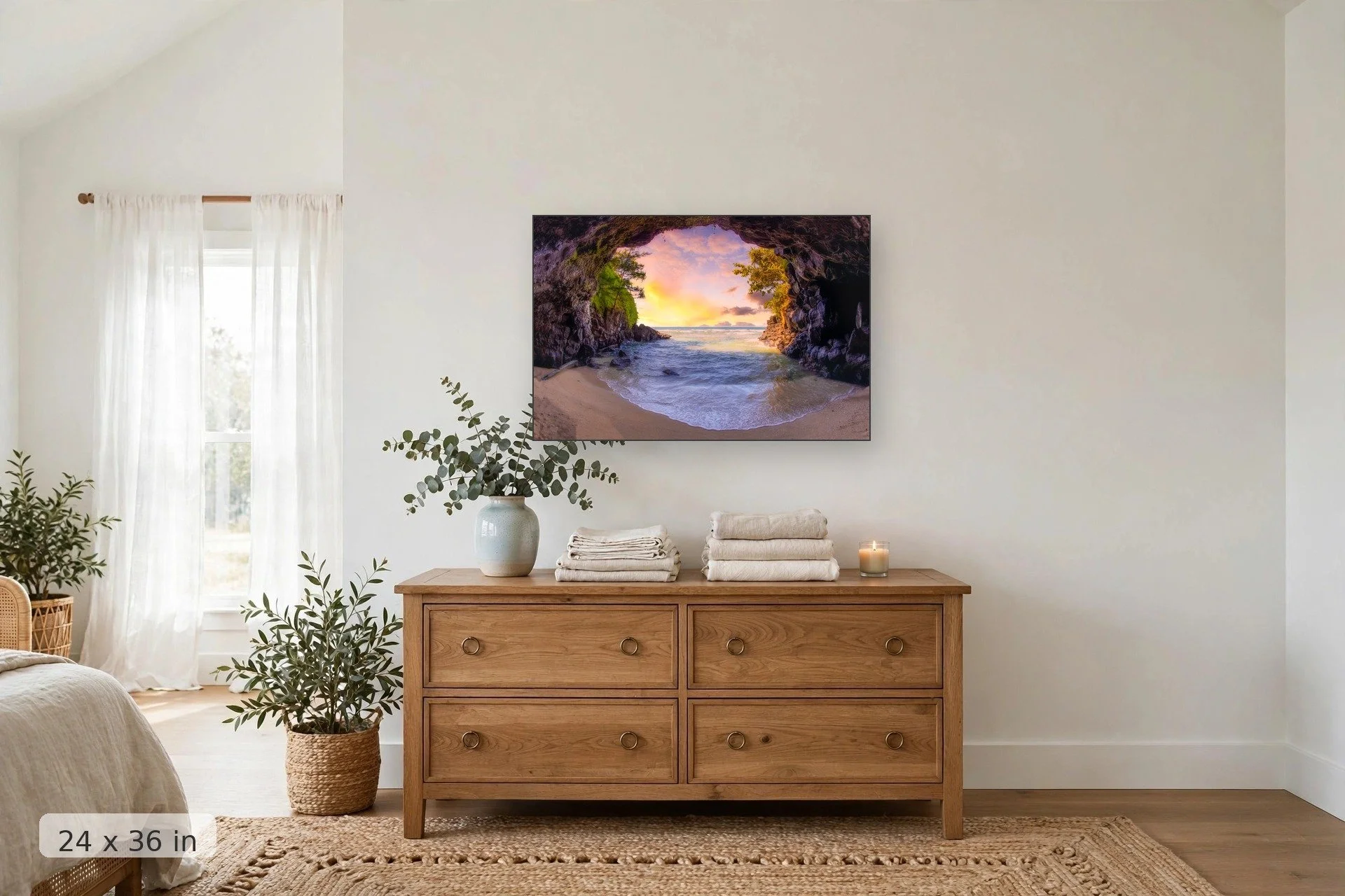 colorful and mystical cave looks out onto a calm ocean — Kauai Cave print, 24x36 mockup above a dresser