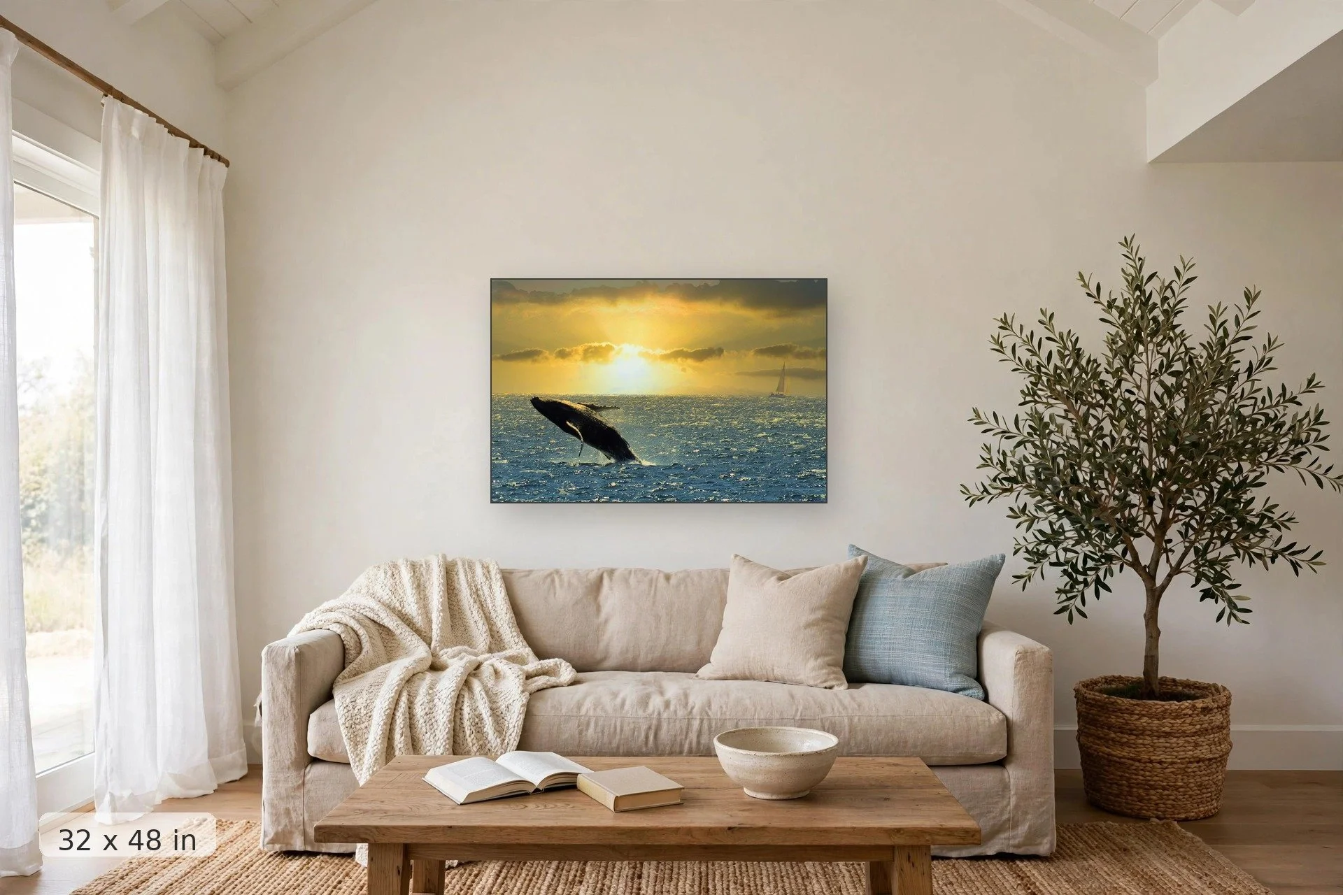 Humpback whale breaching at sunset — Sunset Breach print, 32x48 mockup above a living room sofa