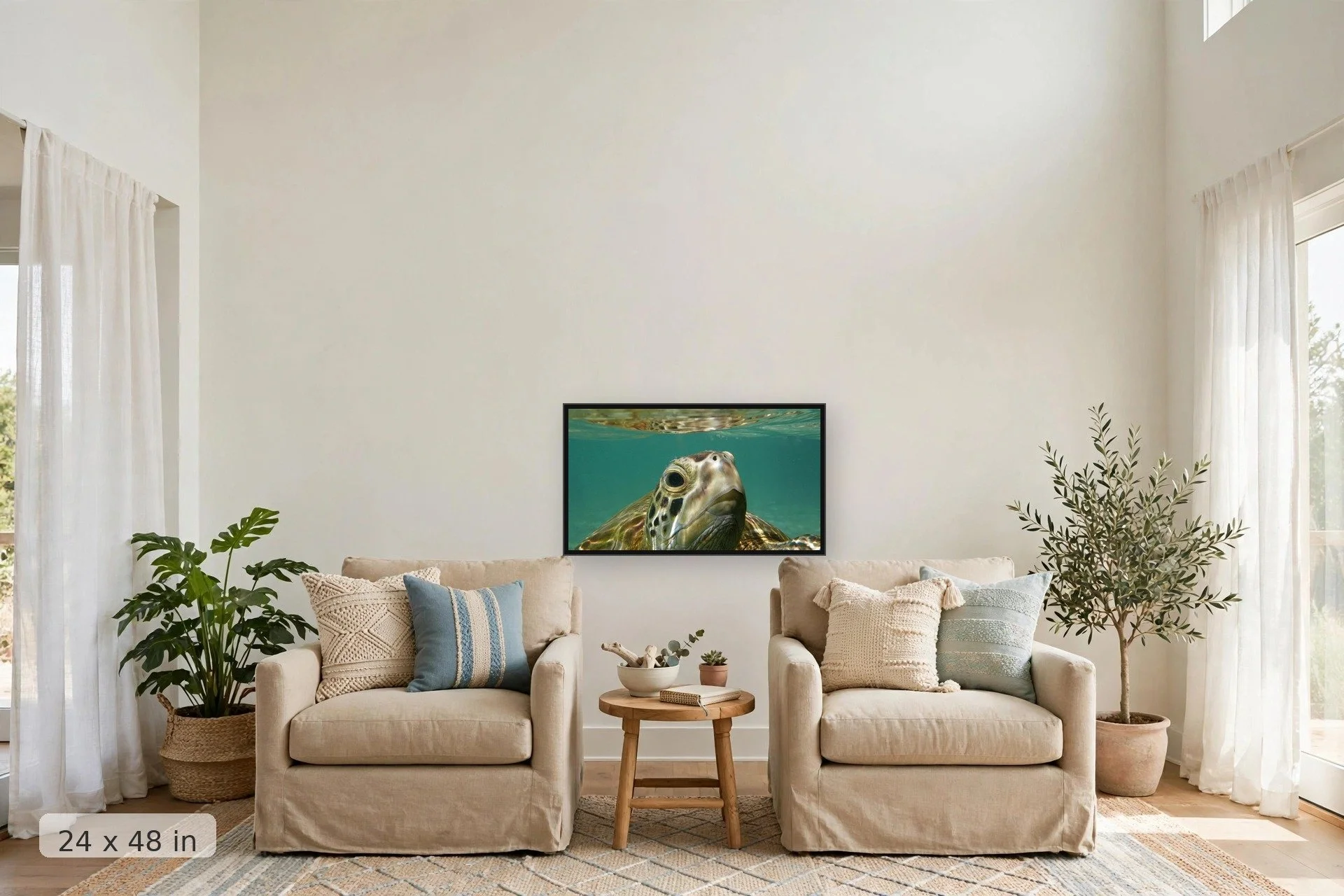 if a sea turtle could take a selfie this would be its first — Honu Selfie print, 40x60 large mockup in a living room