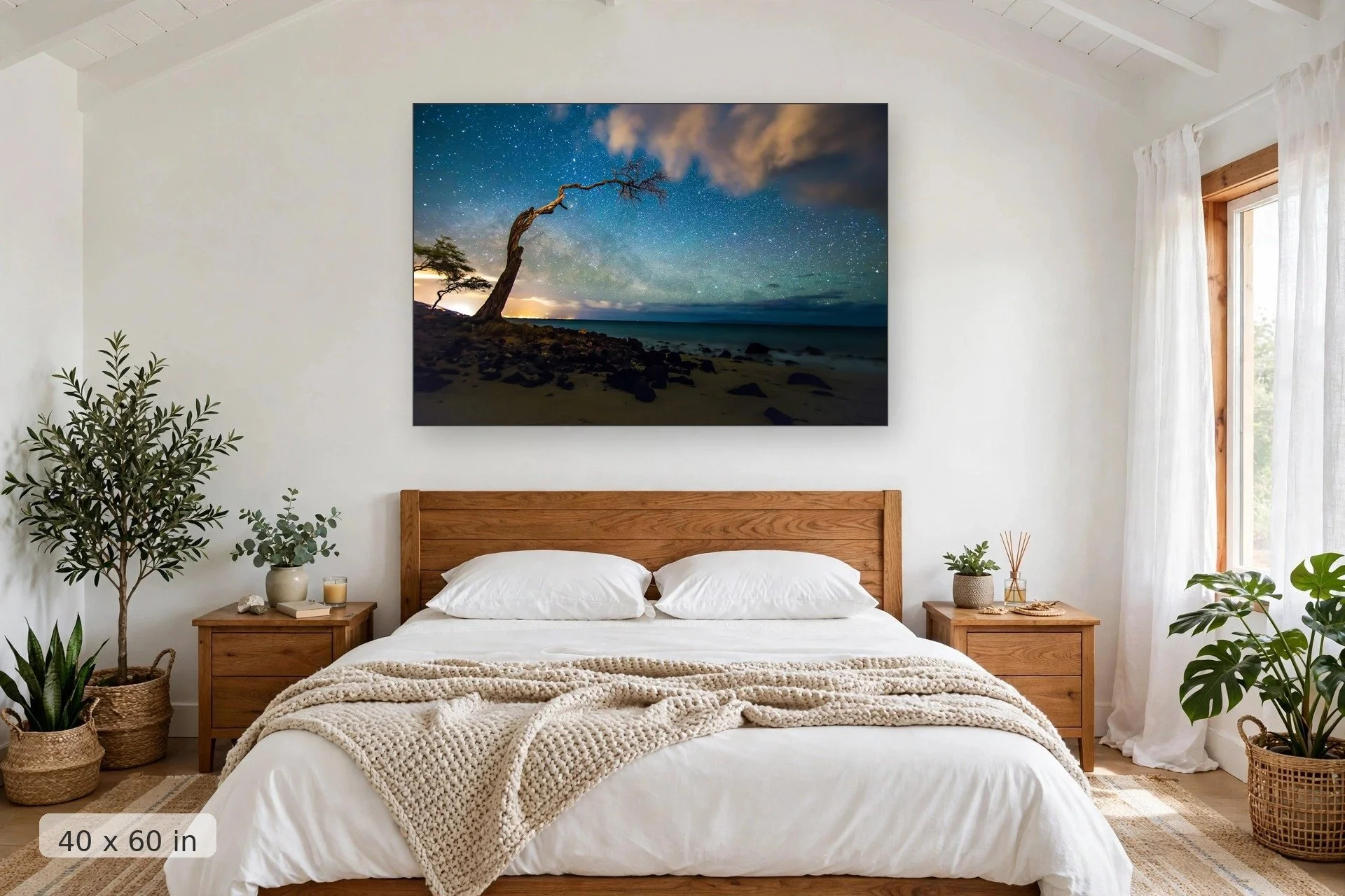 Milky Way over Kihei, Maui — Milky Way Over Kihei print, 40x60 mockup above a bedroom headboard