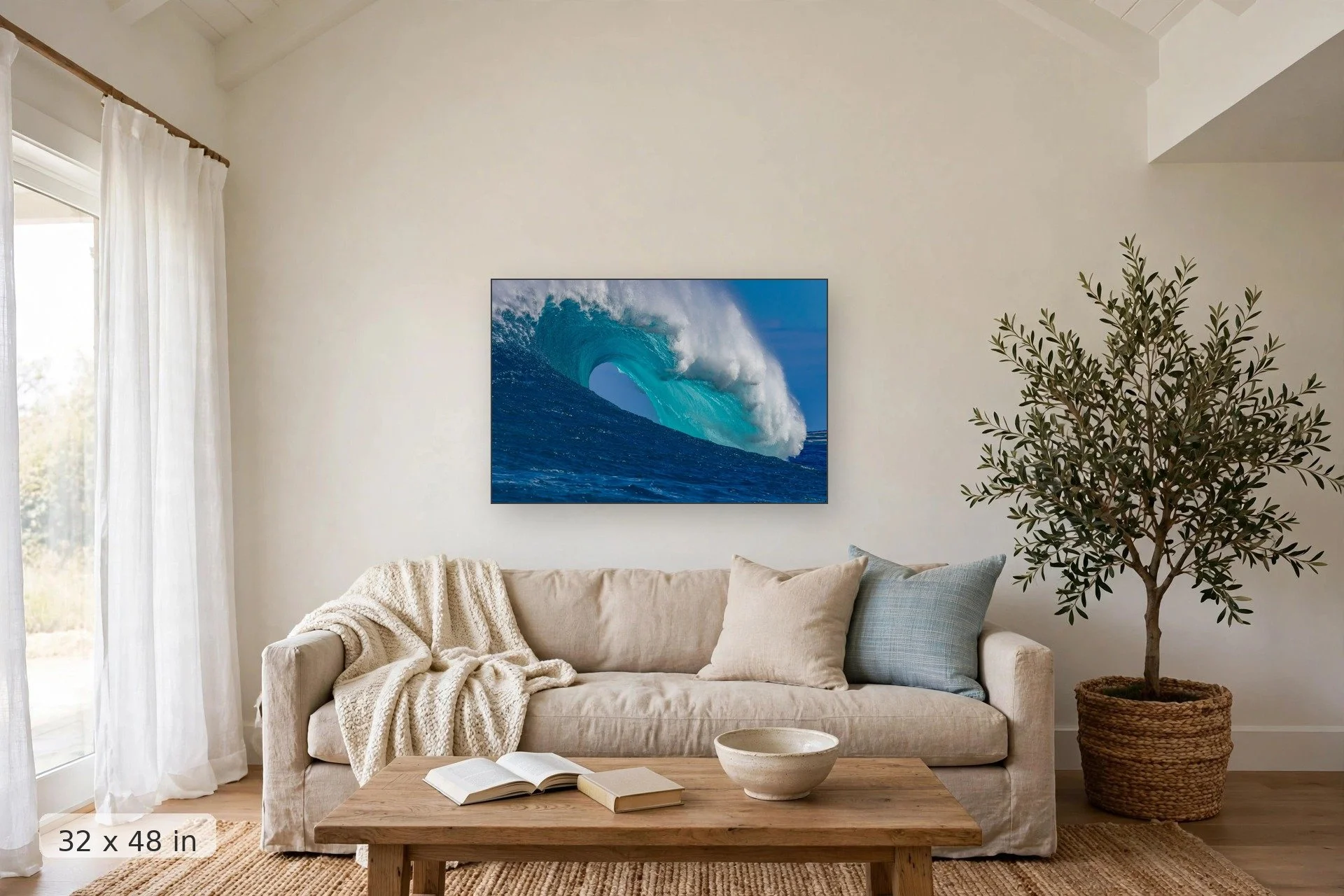 Hollow wave barrel at Peahi, Maui — Peahi Hollow print, 32x48 mockup above a living room sofa