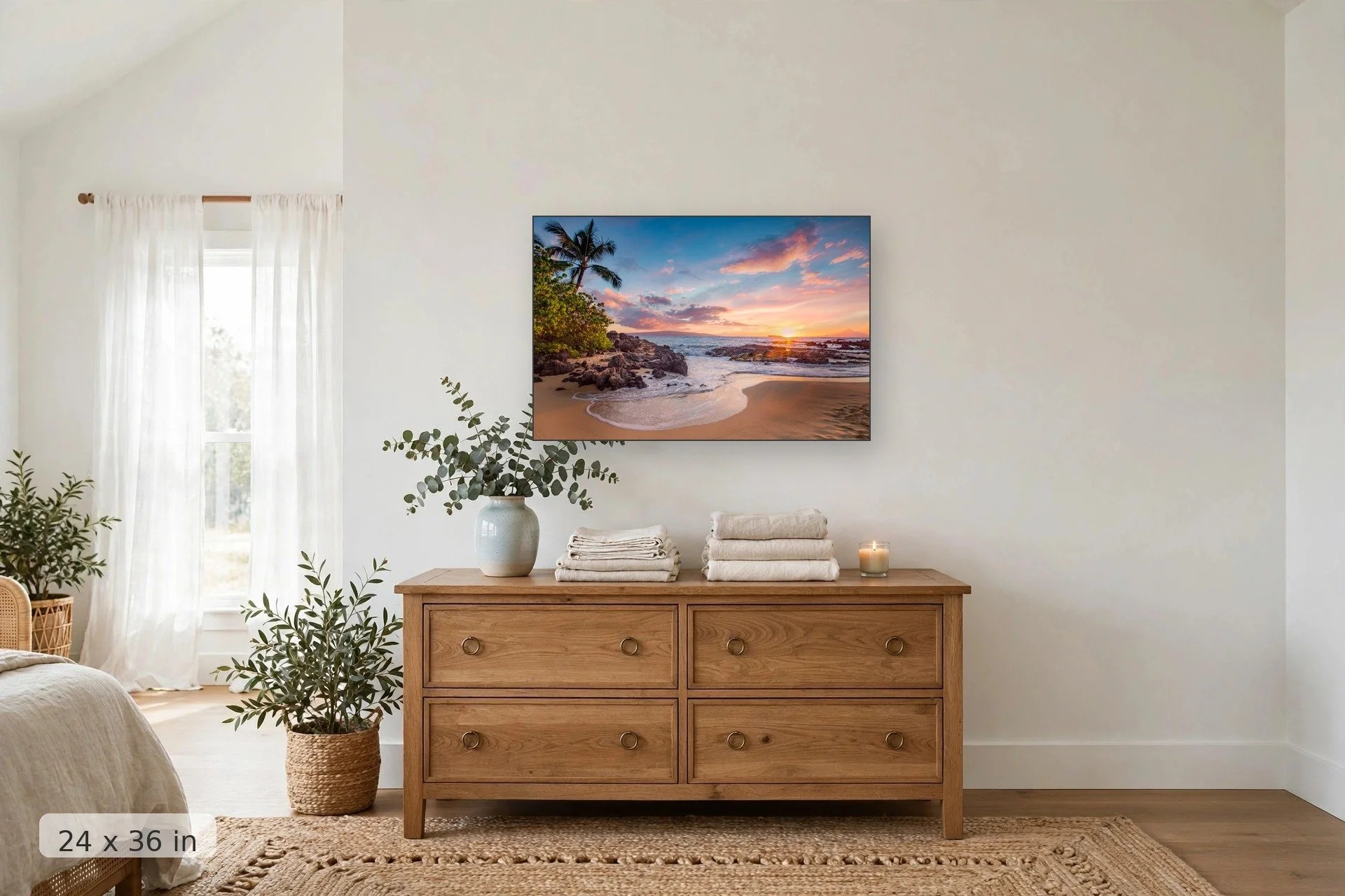 makena cove beach with pink sunset in background — Makena Cove Sunset print, 24x36 mockup above a dresser