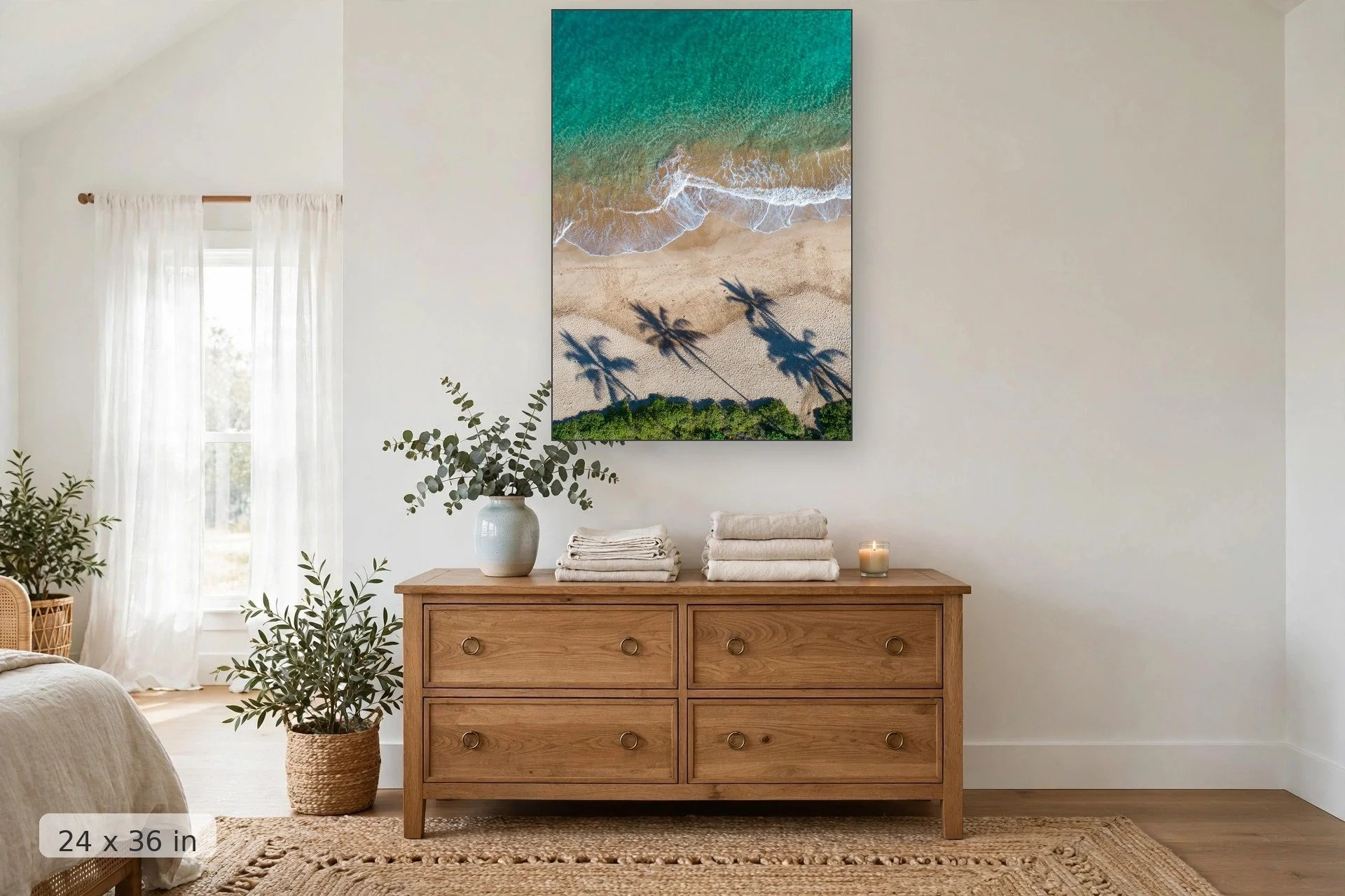 Aerial view of tropical coastline — Aerial Makalua print, 24x36 mockup above a dresser