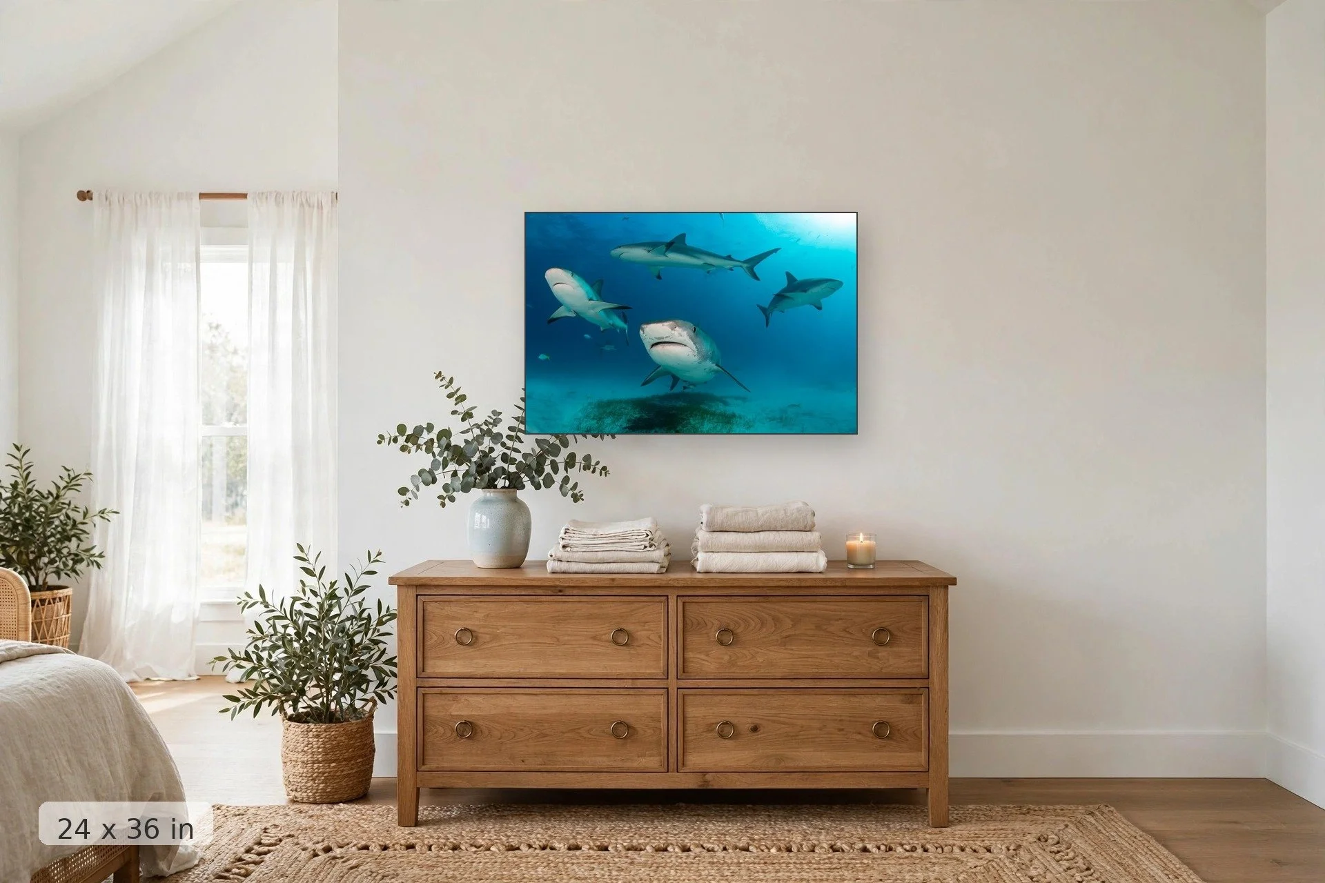 Sharks swimming in formation — Shark Formation print, 24x36 mockup above a dresser