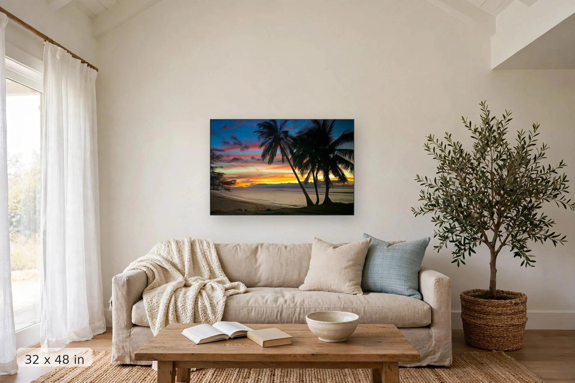 vivid orange, pink and blue sunset over mala wharf with palm trees silhouetted in foreground — Mala Sunset print, 32x48 mockup above a living room sofa