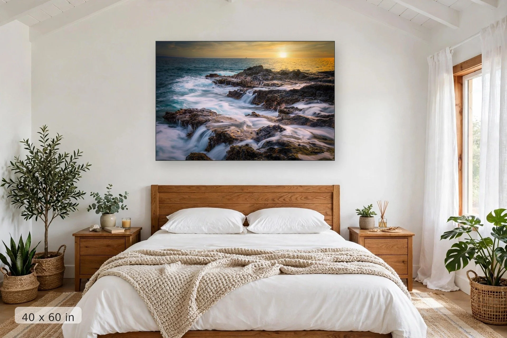 sunset along the west coast of maui with active tide pools in foreground — Tidal Twin Falls print, 40x60 mockup above a bedroom headboard