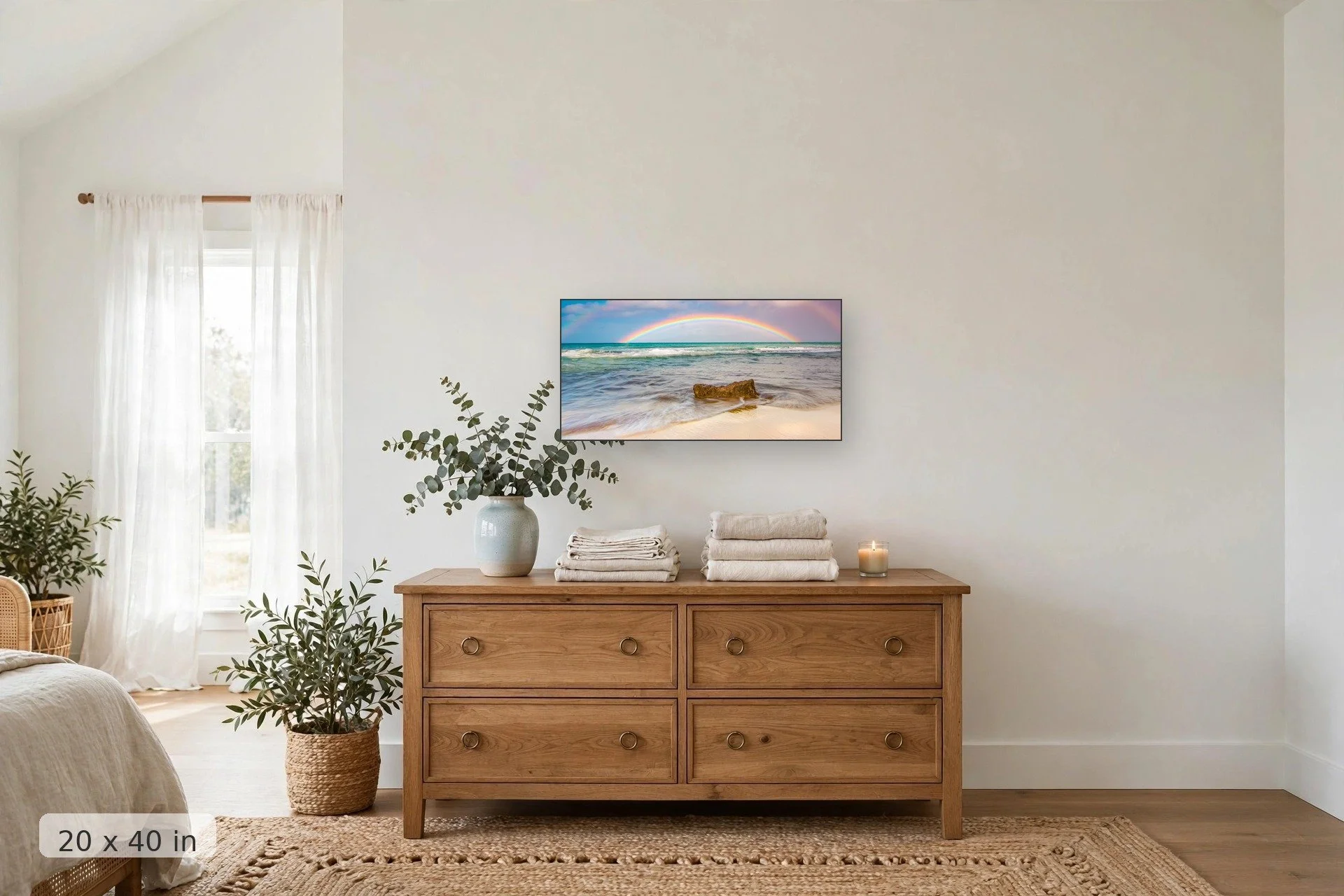 Morning rainbow over Maui — Morning Rainbow print, 24x36 mockup above a dresser