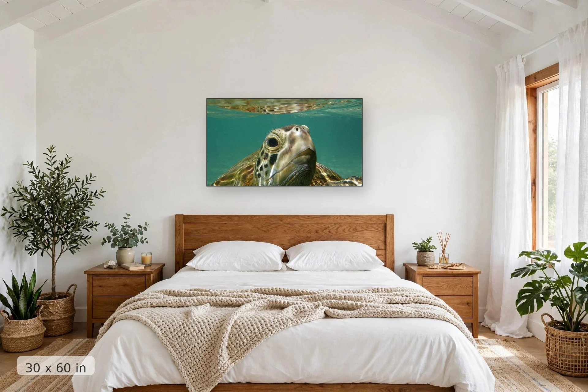 if a sea turtle could take a selfie this would be its first — Honu Selfie print, 40x60 mockup above a bedroom headboard