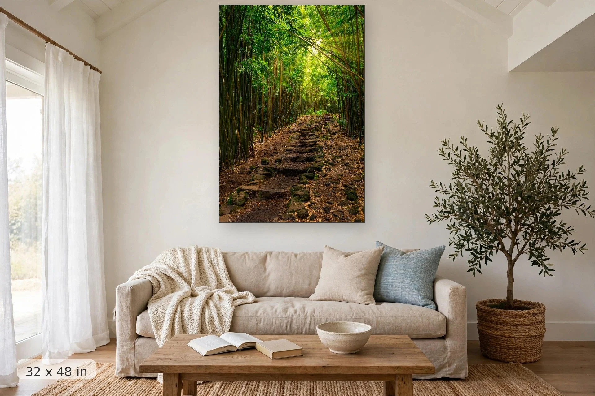 rocky steps lead into the bamboo forest at the pipiwai trail in hawaii — Pipiwai Trail print, 32x48 mockup above a living room sofa