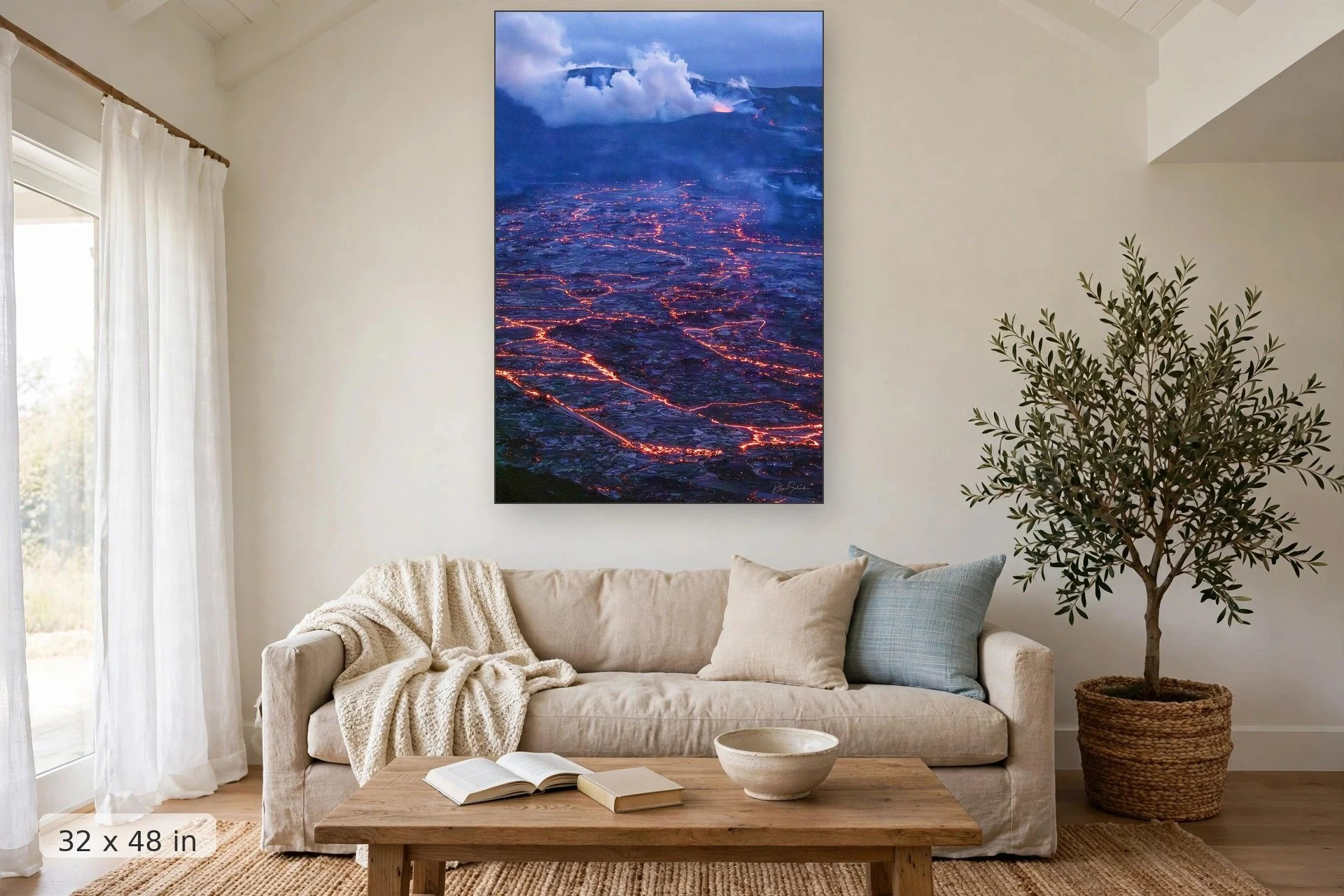 Sunset afterglow over the ocean — After Glow print, 32x48 mockup above a living room sofa