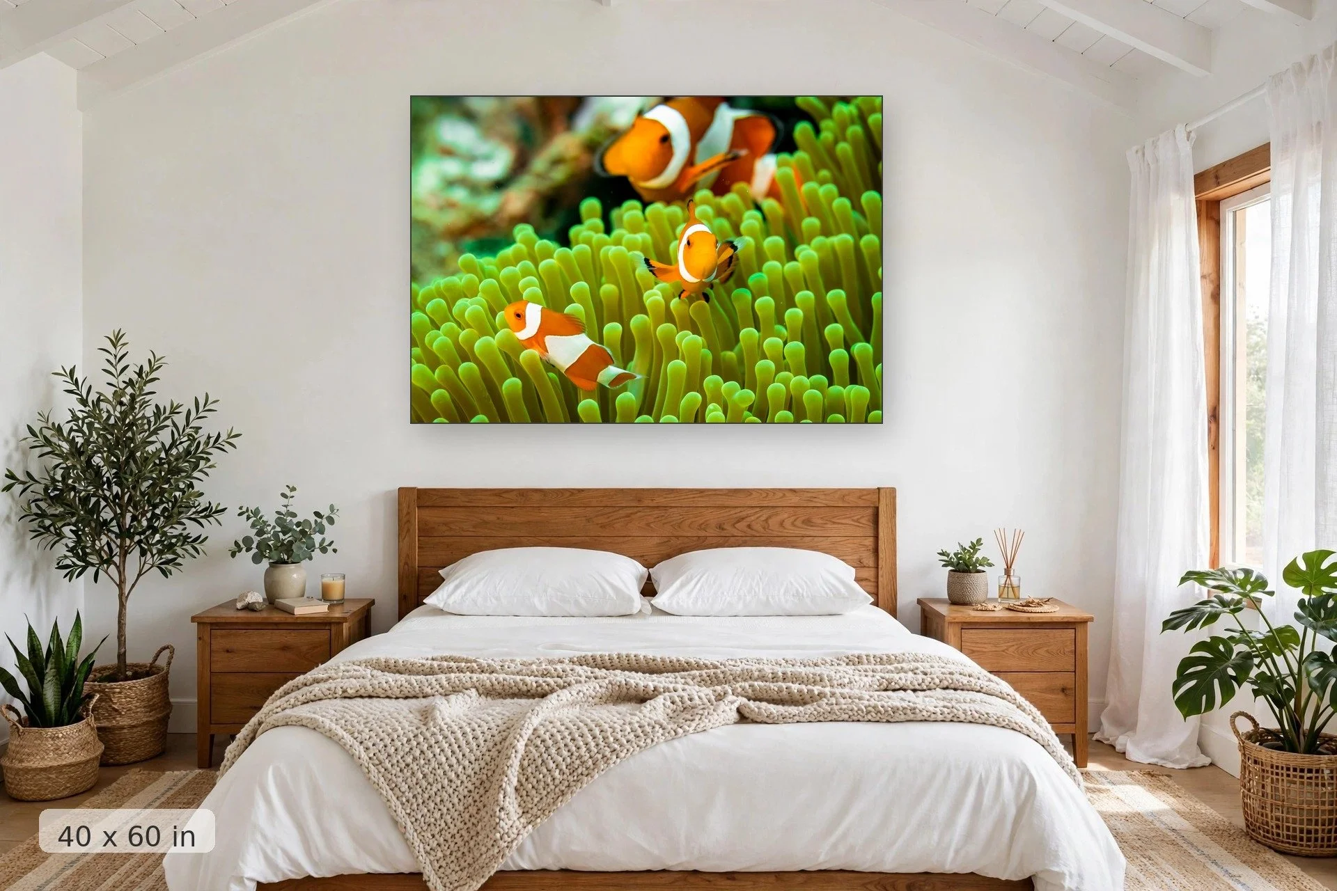 Clownfish family on a coral reef — Family of Clowns print, 40x60 mockup above a bedroom headboard