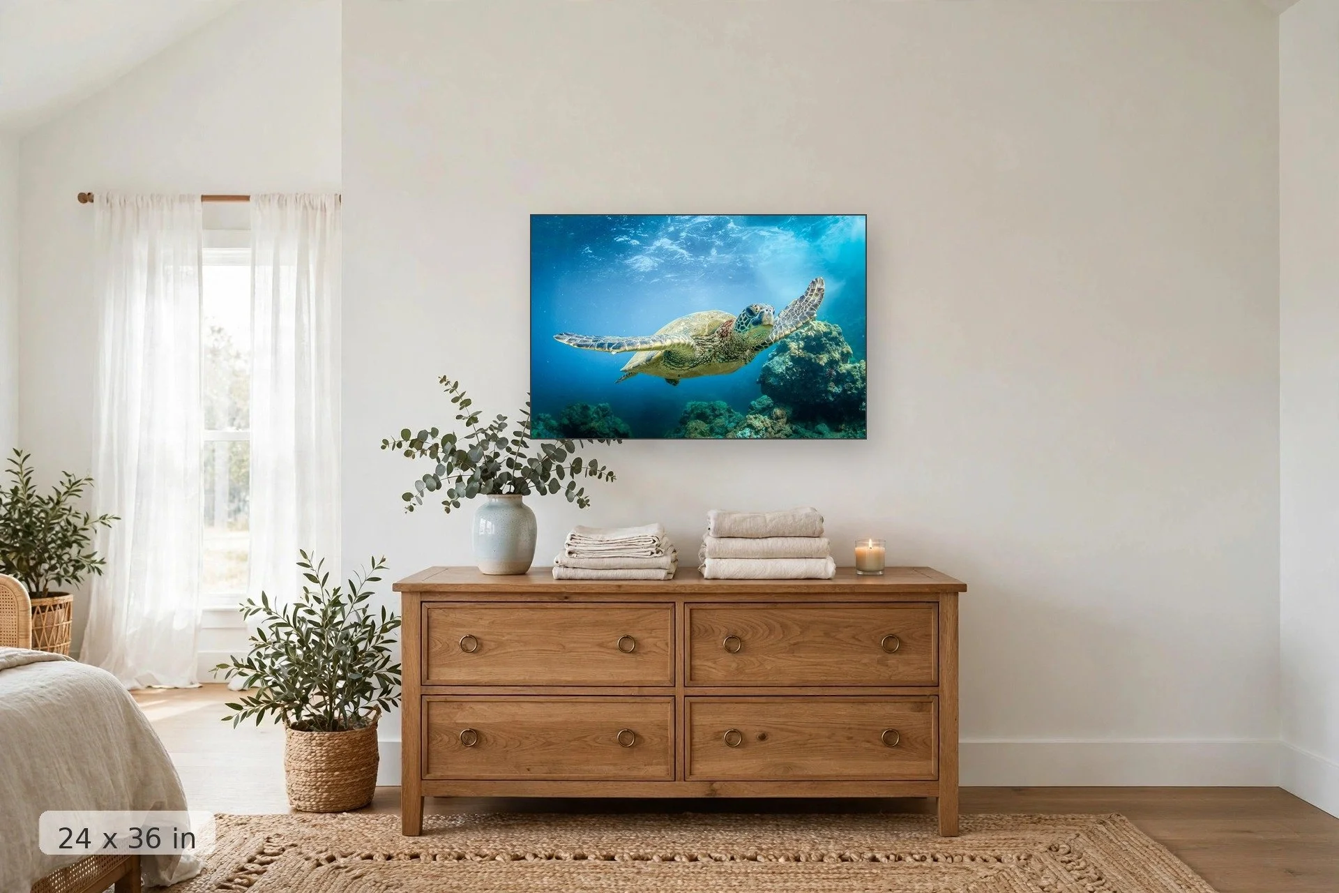 Turtle swimming over coral gardens — Take Flight print, 24x36 mockup above a dresser