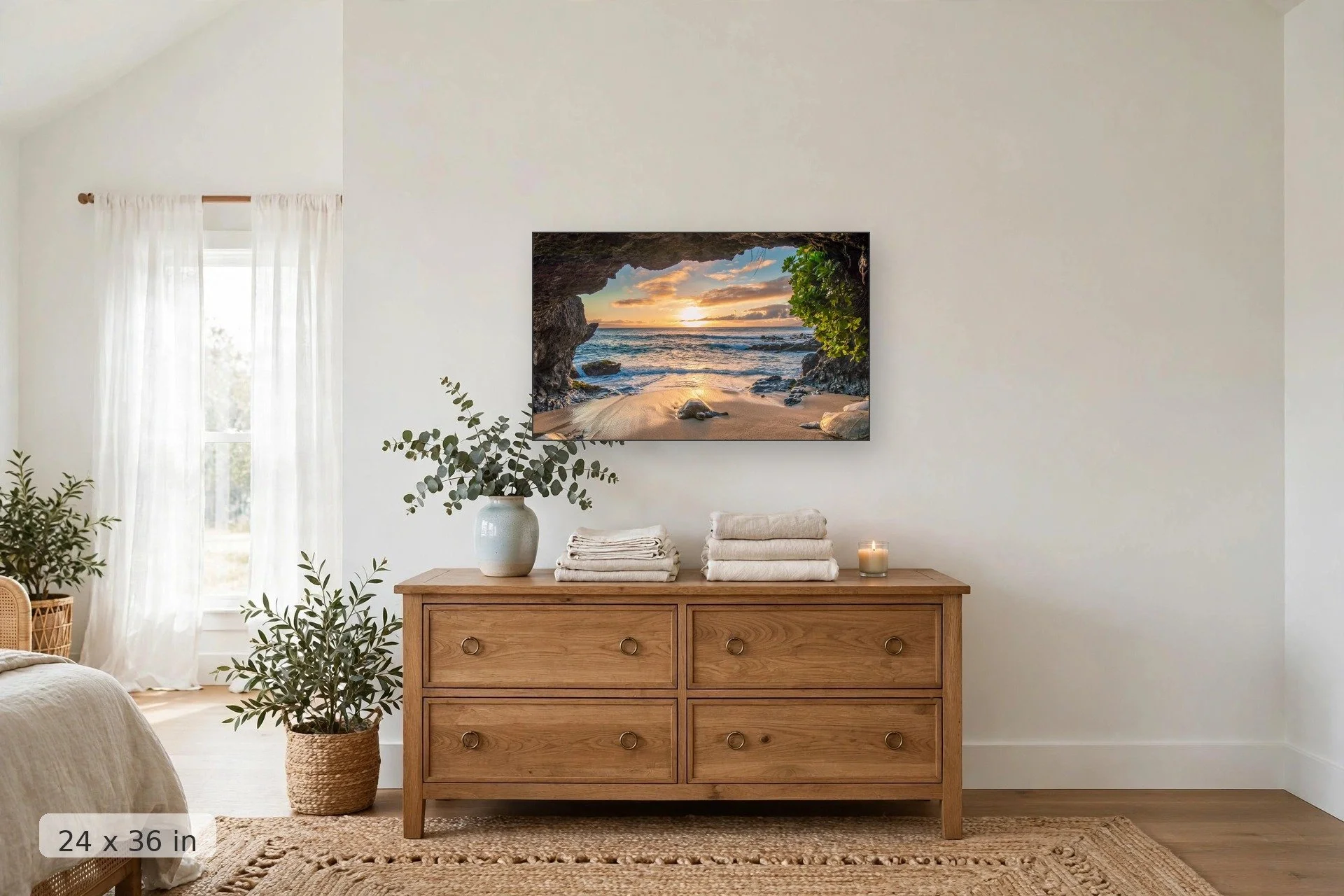 a lone sea turtle suns its back in a deserted cave in maui — Honu Cave print, 24x36 mockup above a dresser