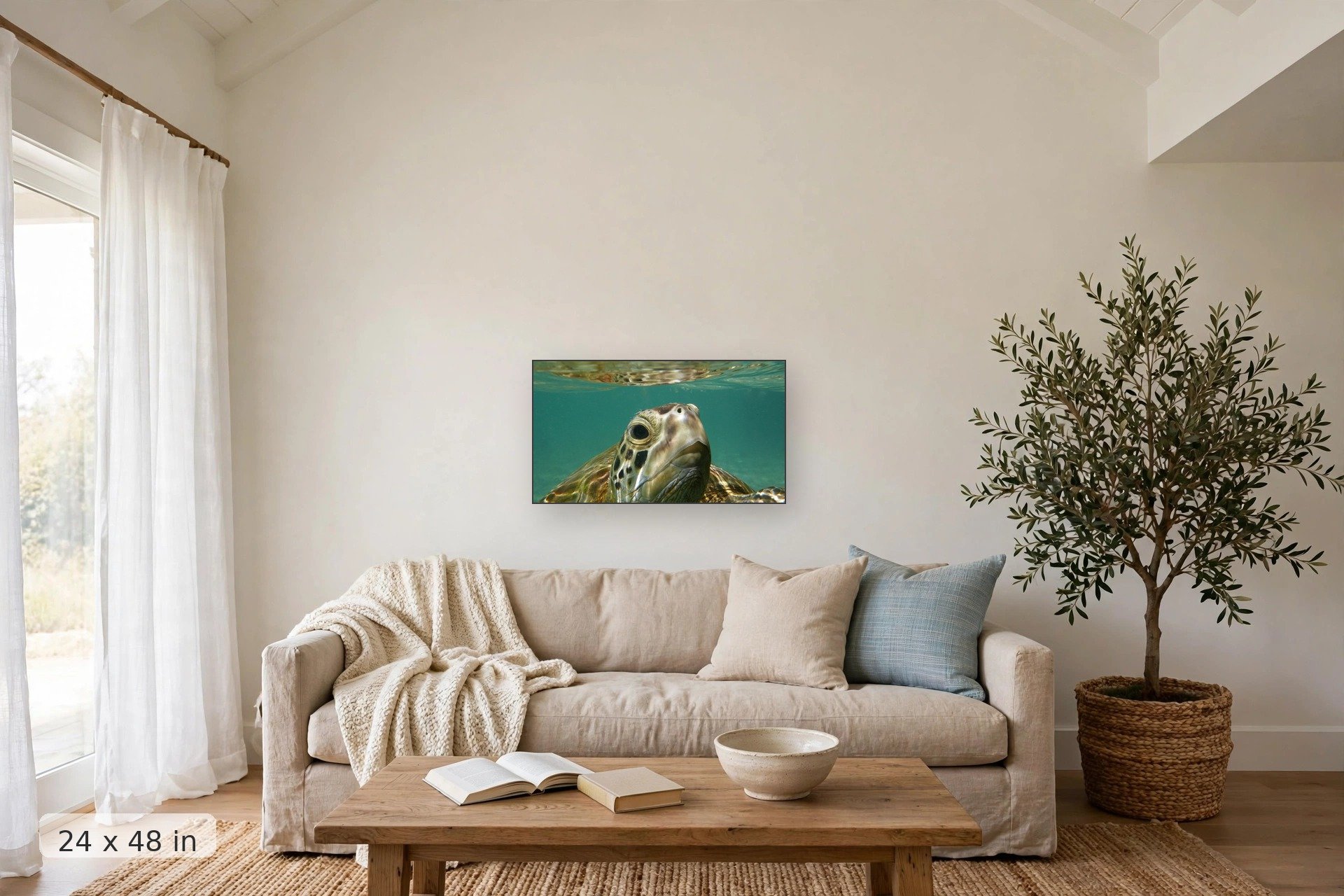 if a sea turtle could take a selfie this would be its first — Honu Selfie print, 32x48 mockup above a living room sofa