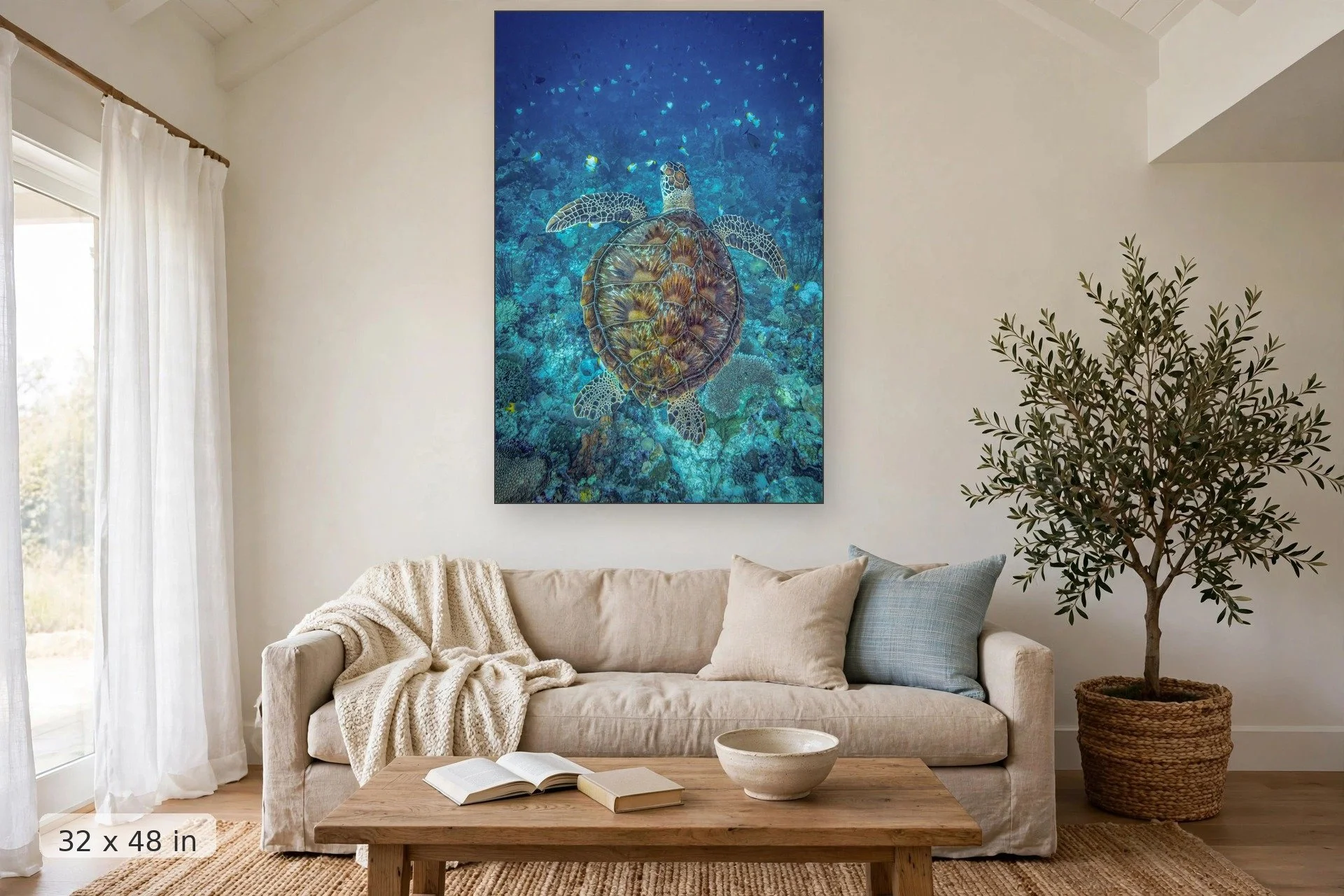 Green sea turtle portrait — Shelly print, 32x48 mockup above a living room sofa