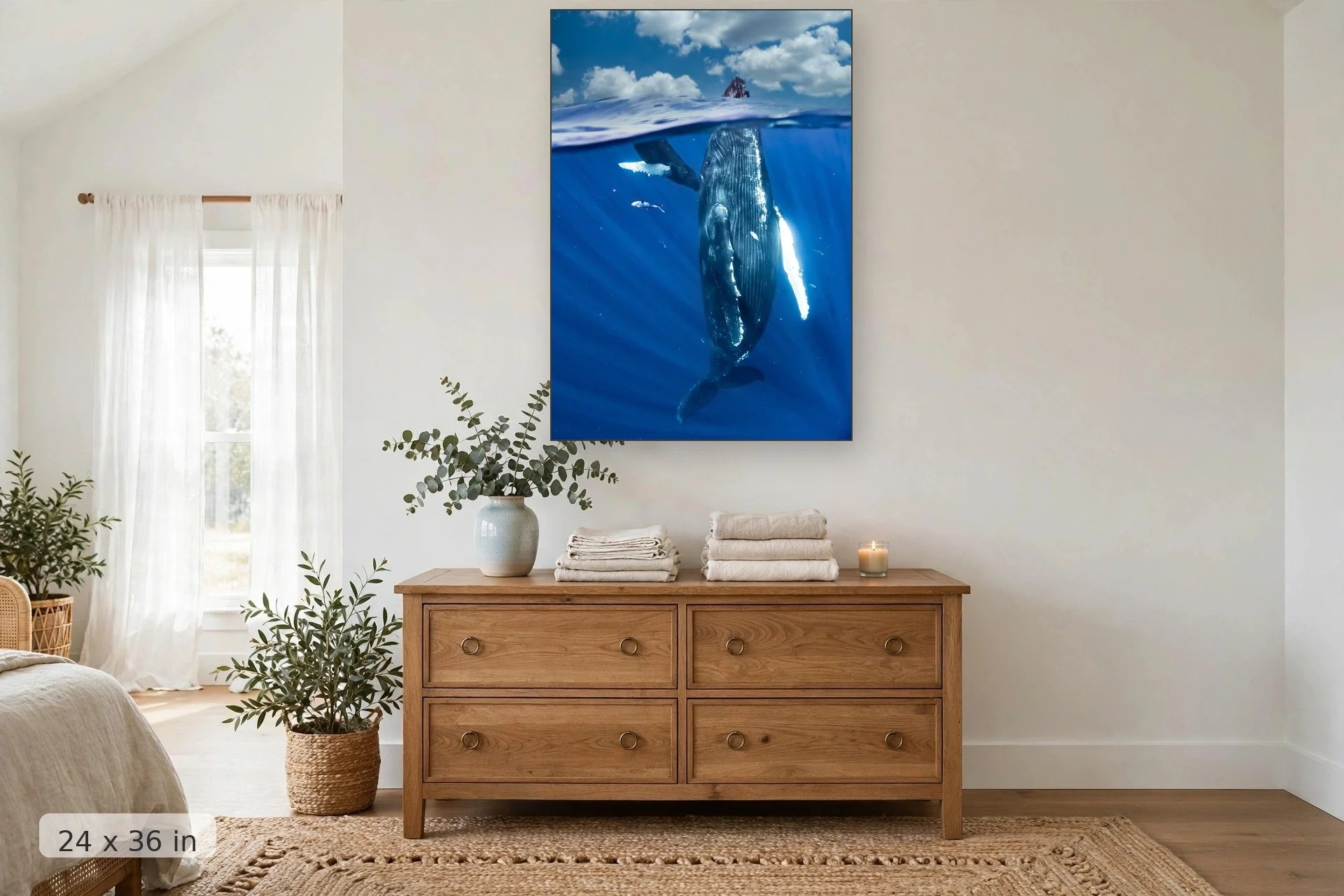 humpback whale mom spyhopping with baby — Mama Spyhop print, 24x36 mockup above a dresser