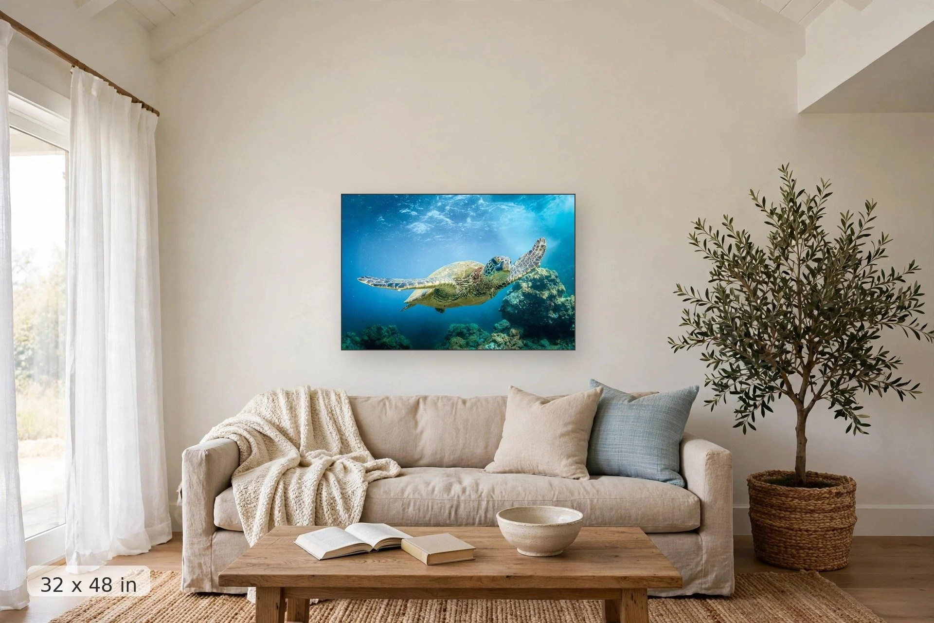 Turtle swimming over coral gardens — Take Flight print, 32x48 mockup above a living room sofa