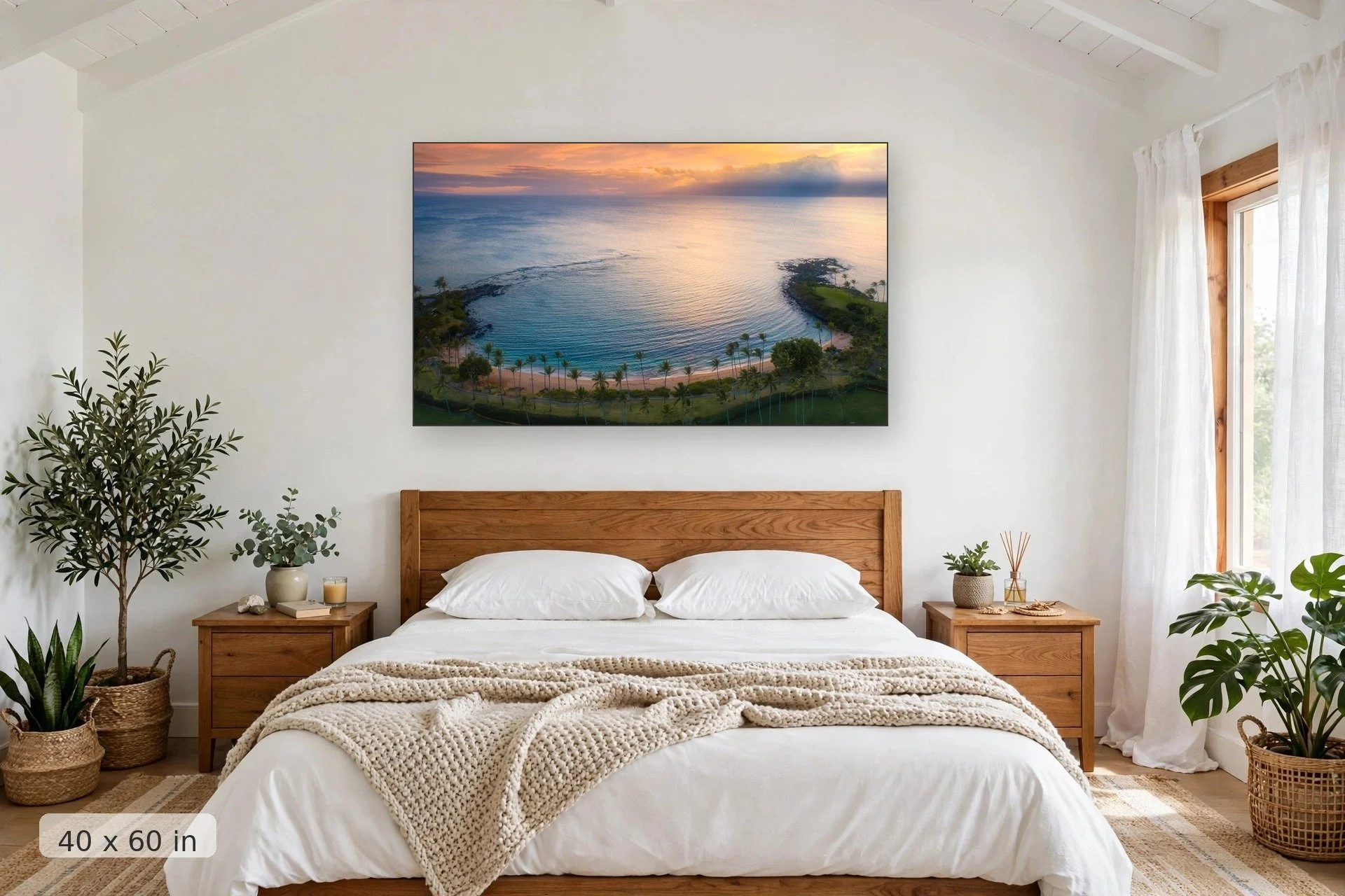 drone view of kapalua bay during sunset showing pastel colors — Kapalua Bay print, 40x60 mockup above a bedroom headboard